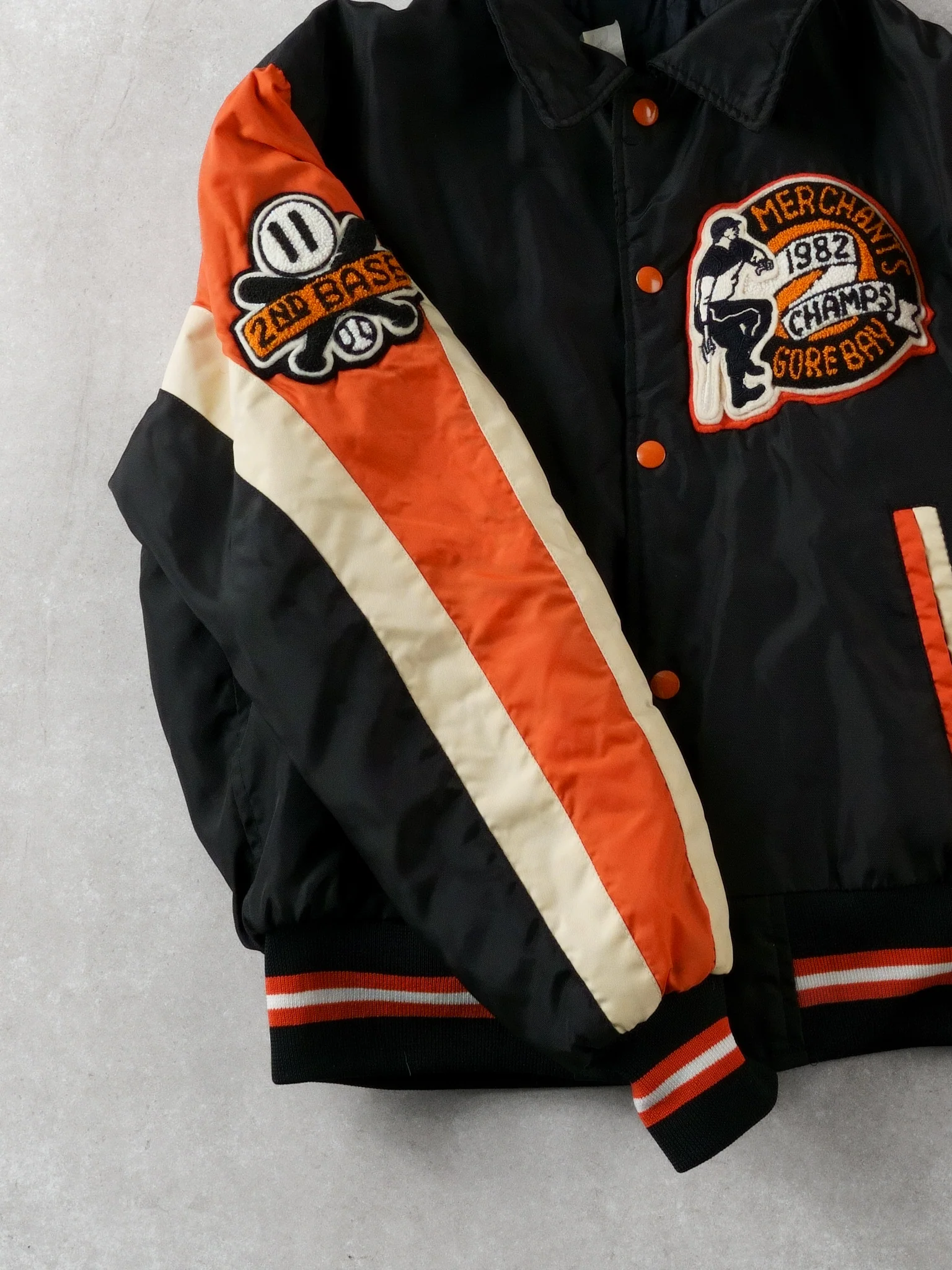 Vintage 82' Black and Orange Merchants Gorebays Champs Baseball Bomber (S/M) - Image 5