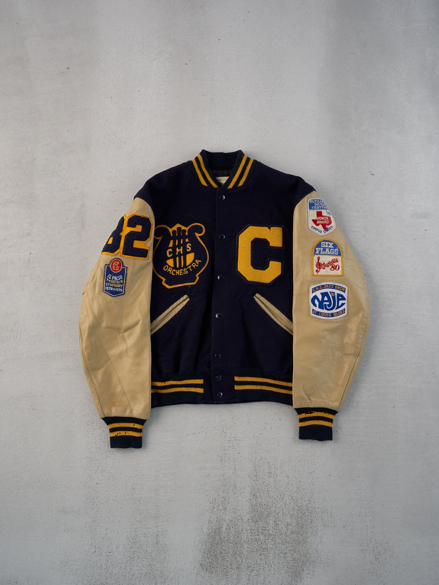 Vintage 82' Navy Blue CHS Orchestra School Leather Varsity Jacket (L) - Image 2