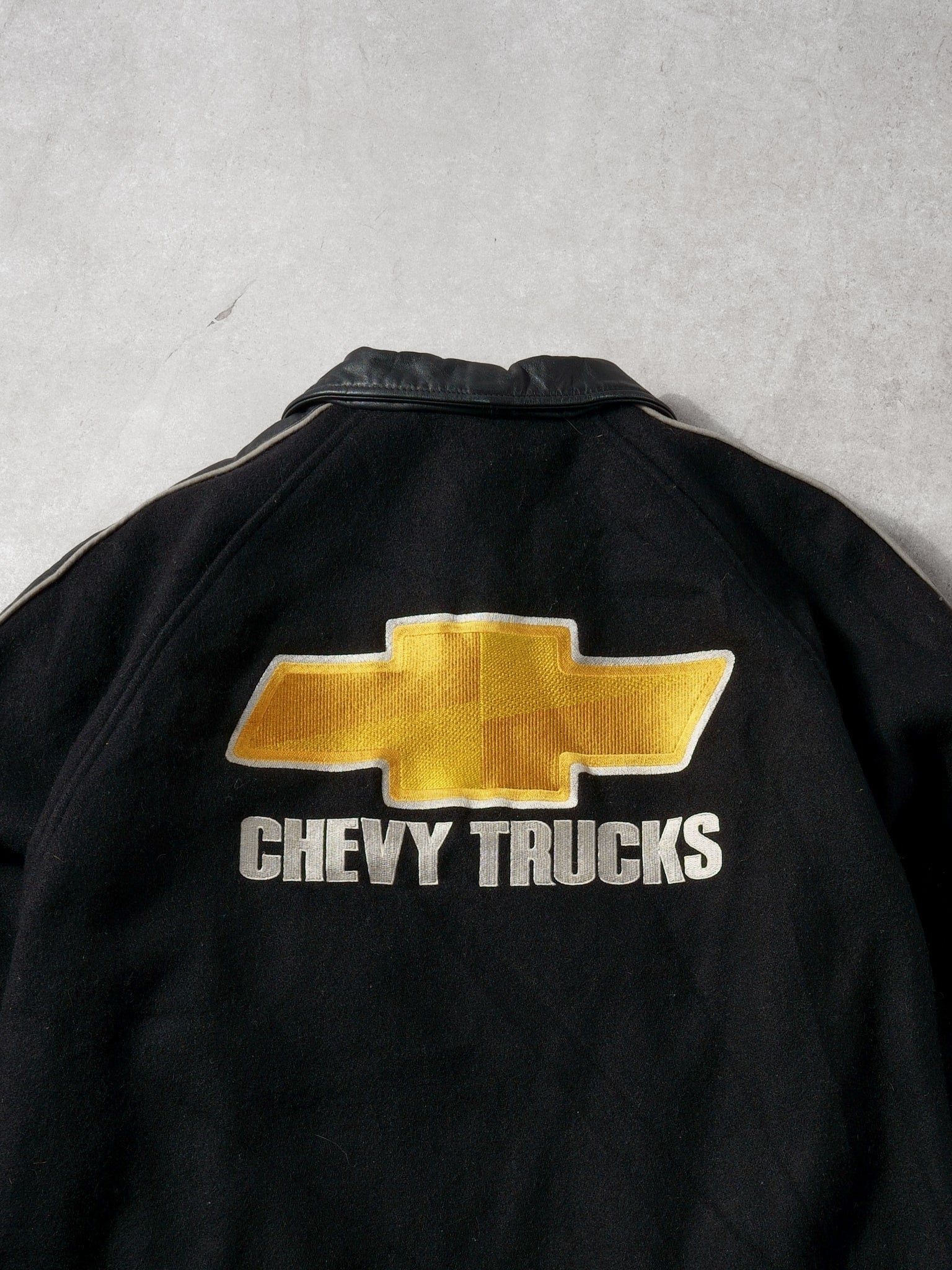 Vintage 90 Black Chevy Trucks Collared Leather Jacket (L) - Image 4