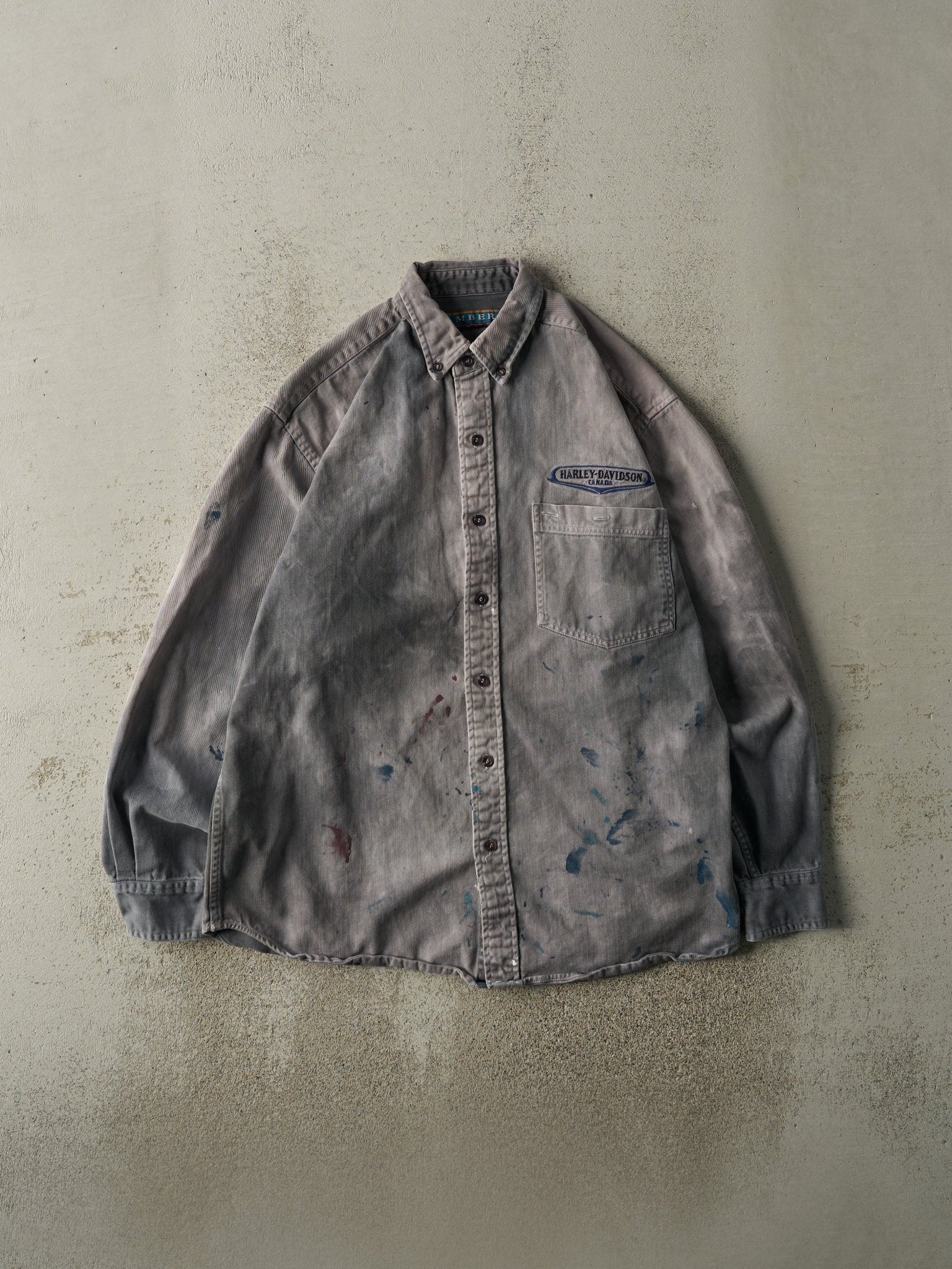 Vintage 90s Acid Wash Grey Harley Davidson Canada Button Up (M)