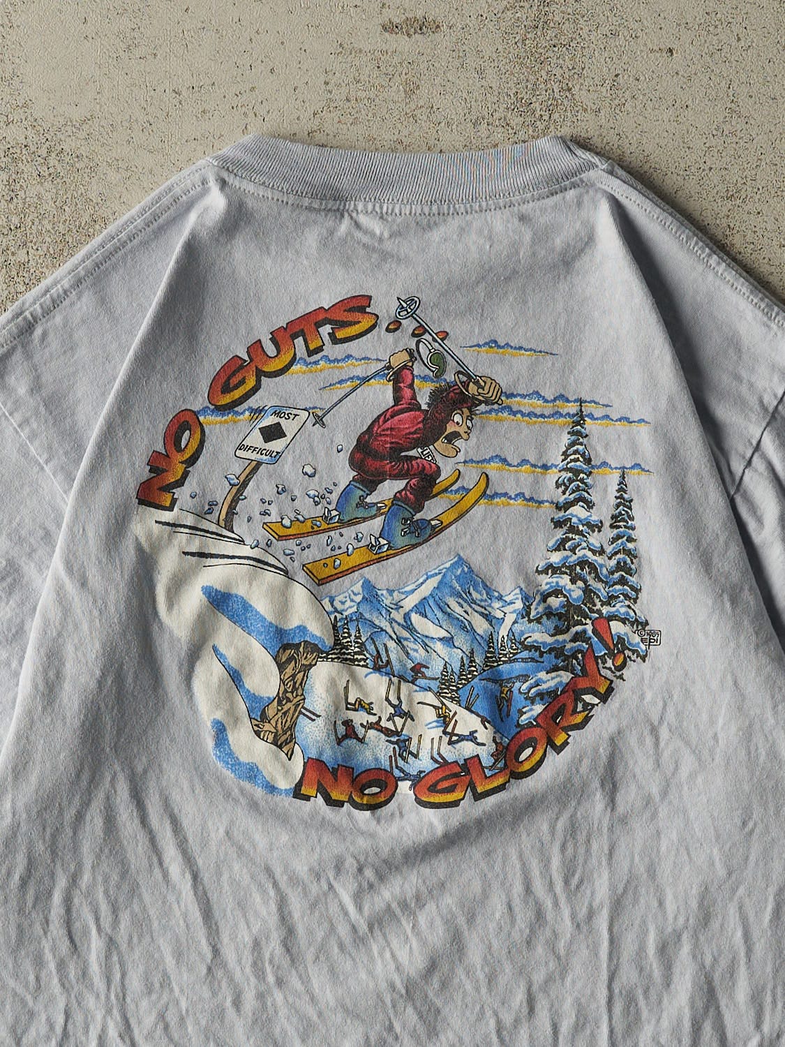 Vintage 90s Baby Blue Mammoth Lakes No Guts No Glory Pocket Tee (L) - Image 4