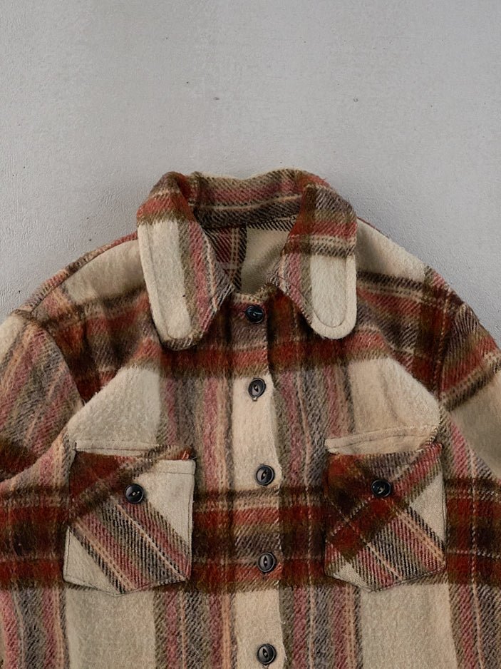 Vintage 80s Beige and Brown Knit Plaid Collared Button Up (M) - Image 2