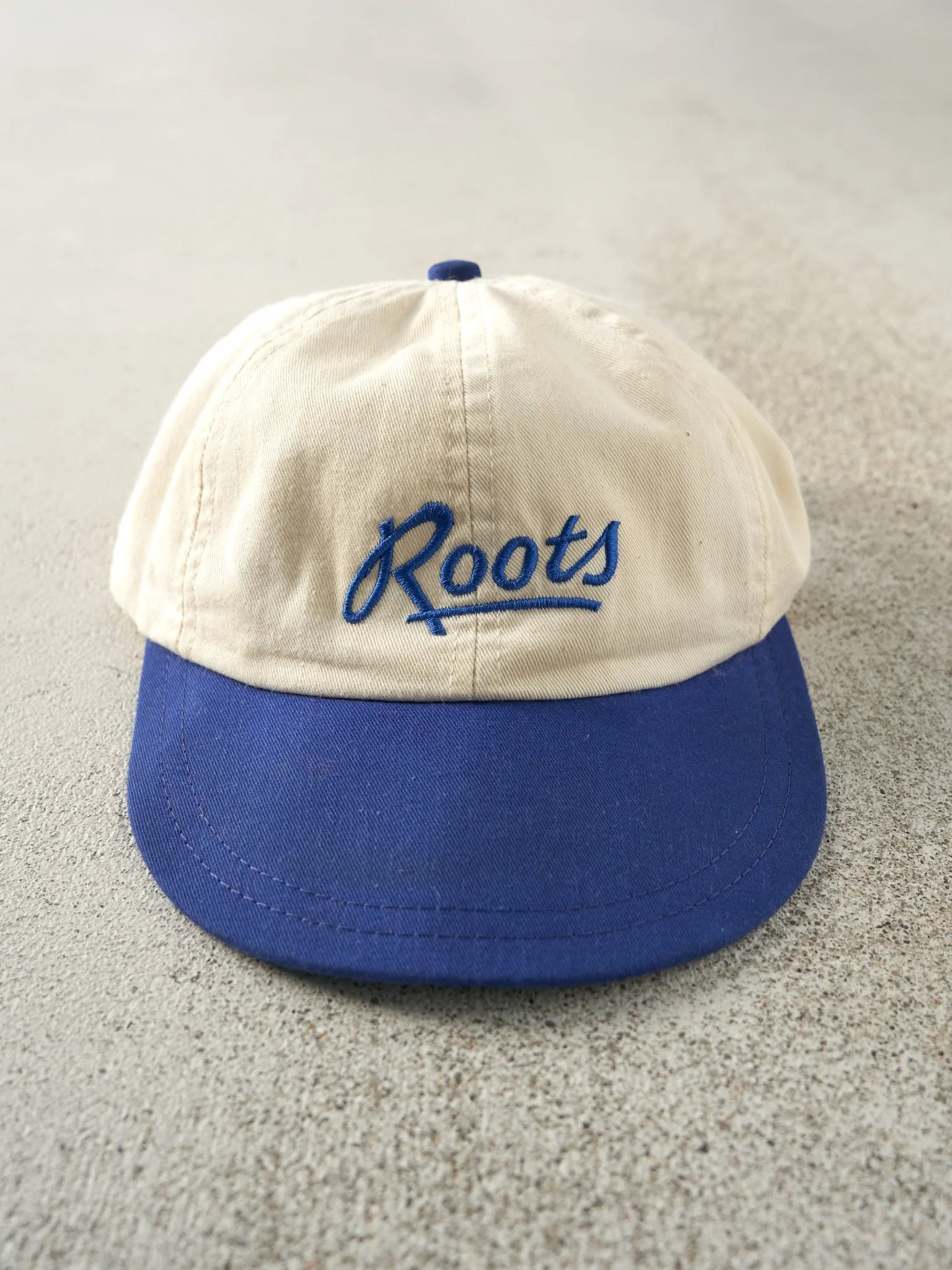 Vintage 90s Beige & Blue Embroidered Roots Leather Strapback Hat