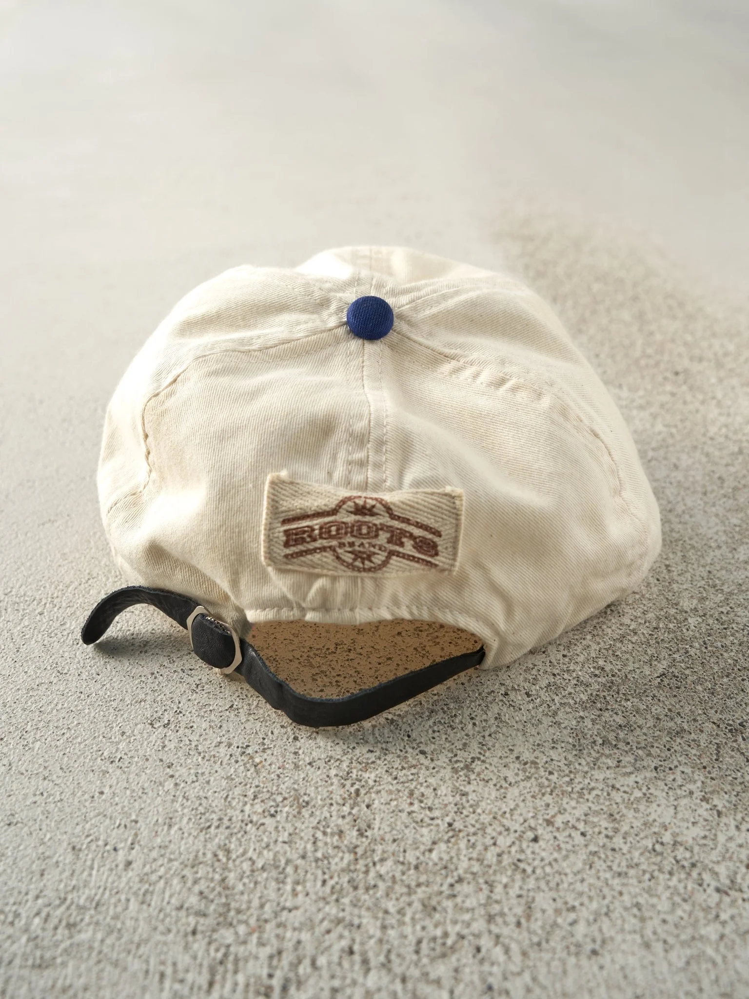 Vintage 90s Beige & Blue Embroidered Roots Leather Strapback Hat - Image 3