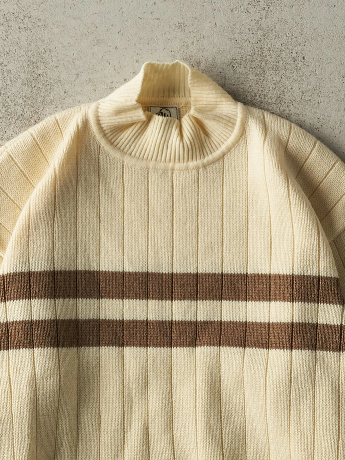 Vintage 90s Beige & Brown Striped Mock Neck Knit (M/L) - Image 2