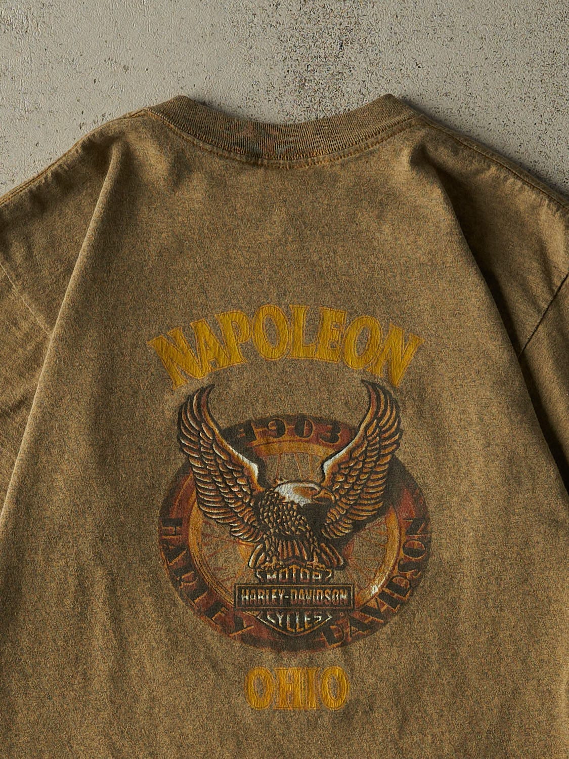 Vintage 90s Beige Harley Davidson Napoleon OH Tee (S/M) - Image 4