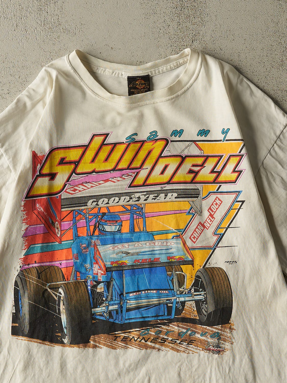 Vintage 90s Beige Sammy Swindell Racing Tee (L/XL) - Image 3