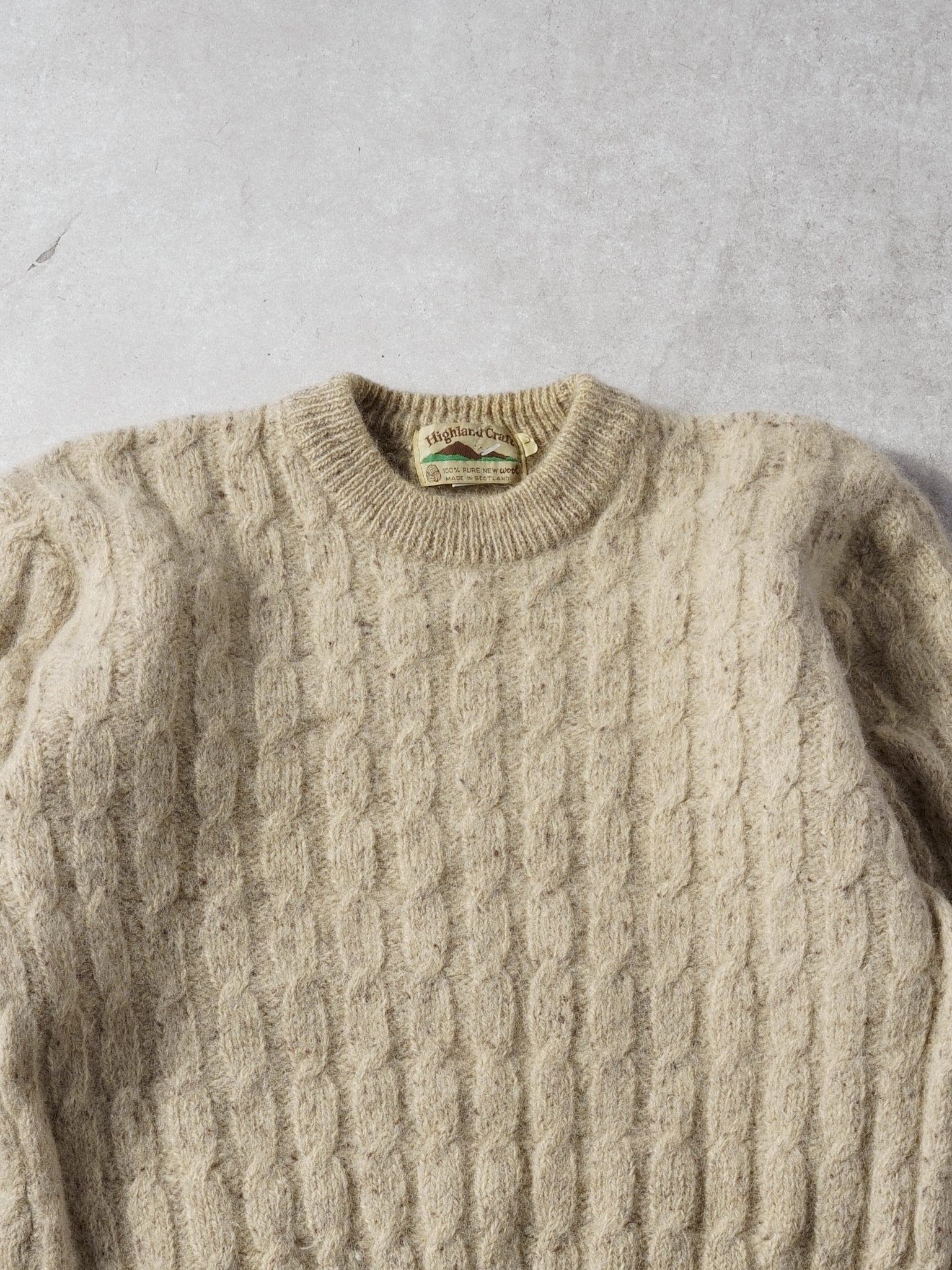 Vintage 90s Biege Highland Craft Stripe Knit Wool Sweater (S) - Image 2
