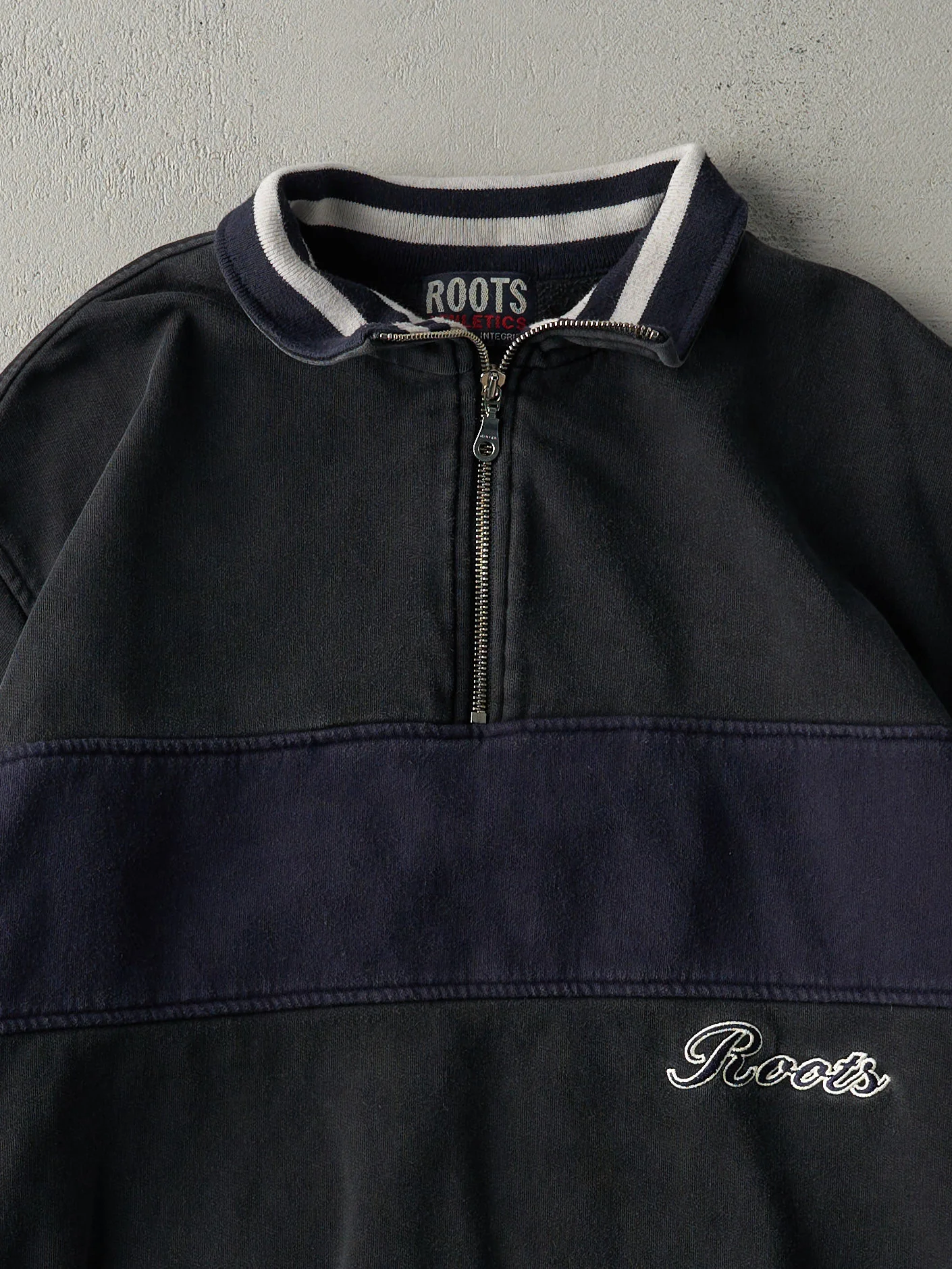 Vintage 90s Black and Navy Two Tone Roots Quarter Zip Sweater (L) - Image 3