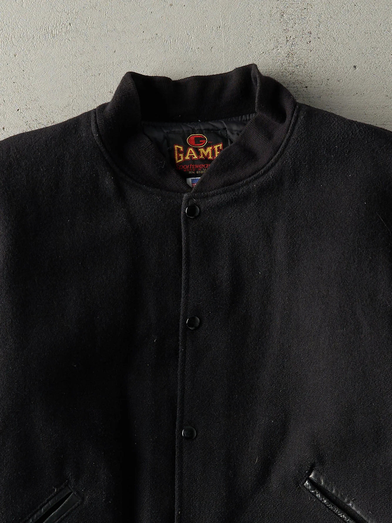 Vintage 90s Black Blank Wool & Leather Varsity Jacket (XL) - Image 2