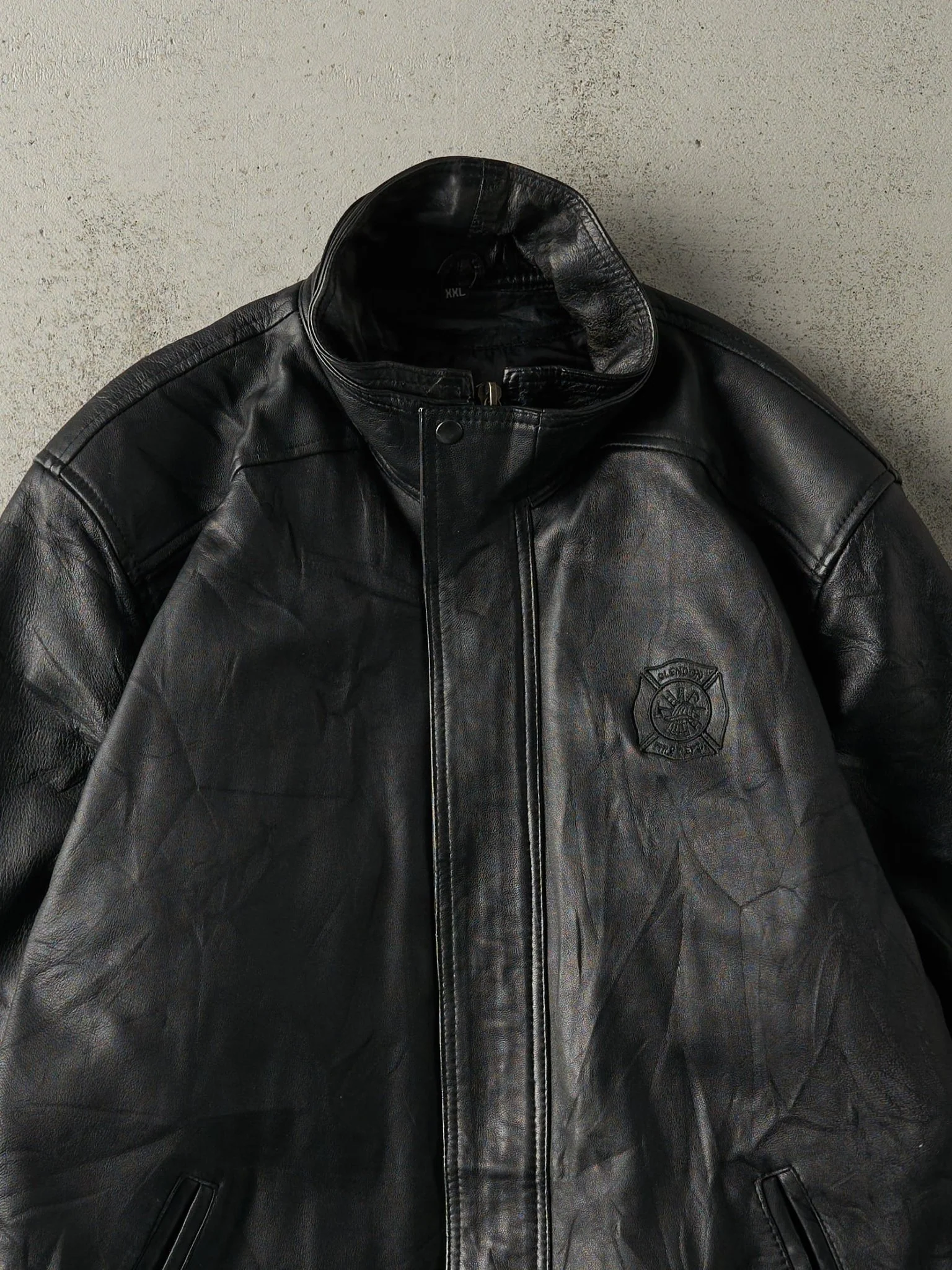 Vintage 90s Black Embroidered Fire Dept Leather Jacket (XL) - Image 4