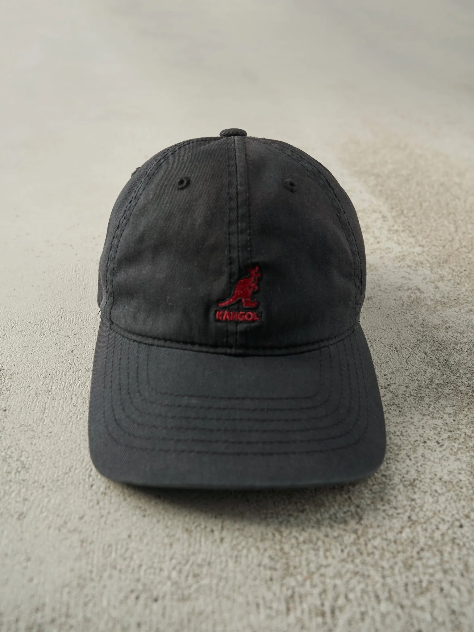 Vintage 90s Black Embroidered Kangol Leather Strapback Hat