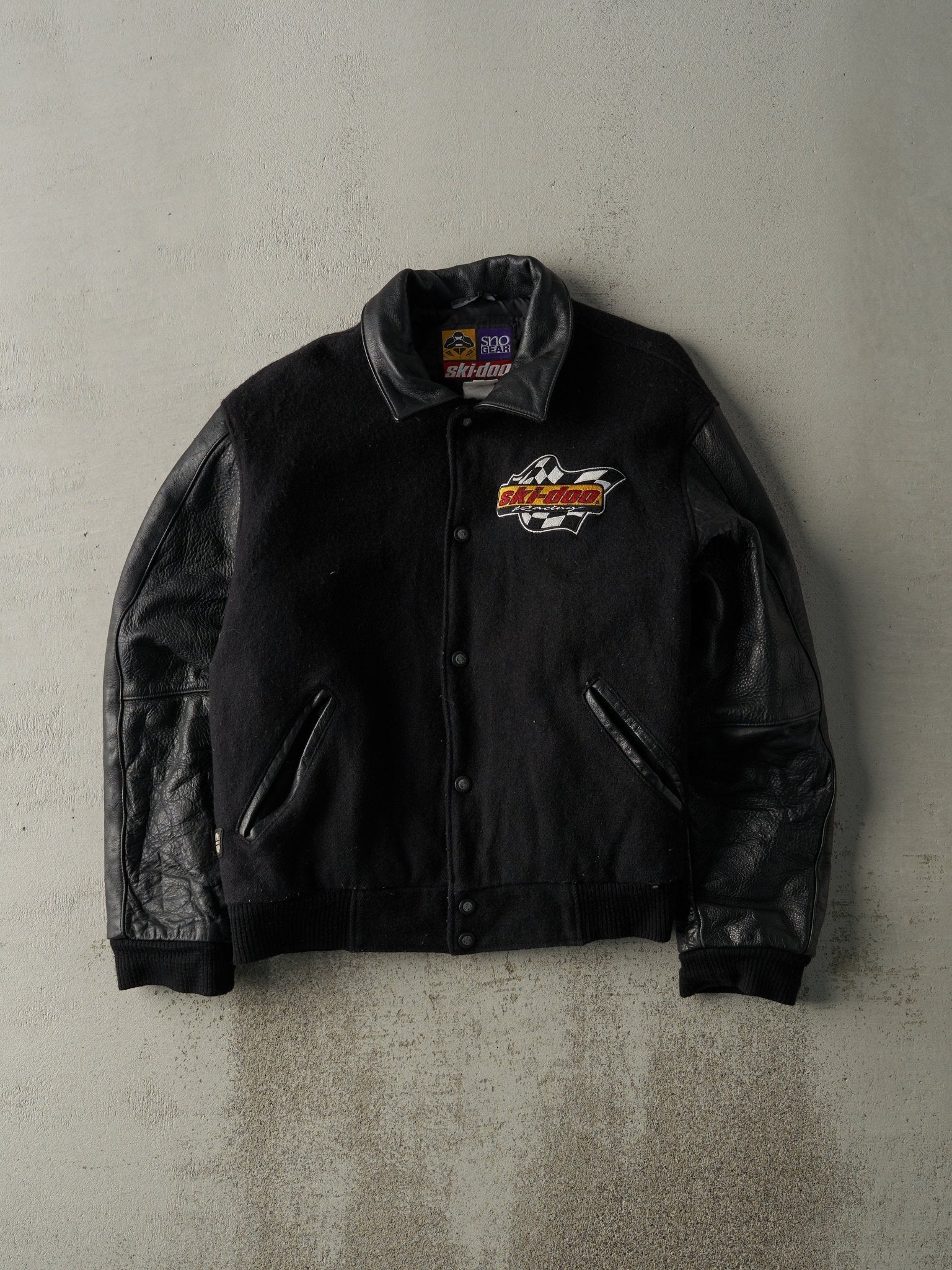 Vintage 90s Black Embroidered Ski-Doo Wool & Leather Varsity Jacket (L)