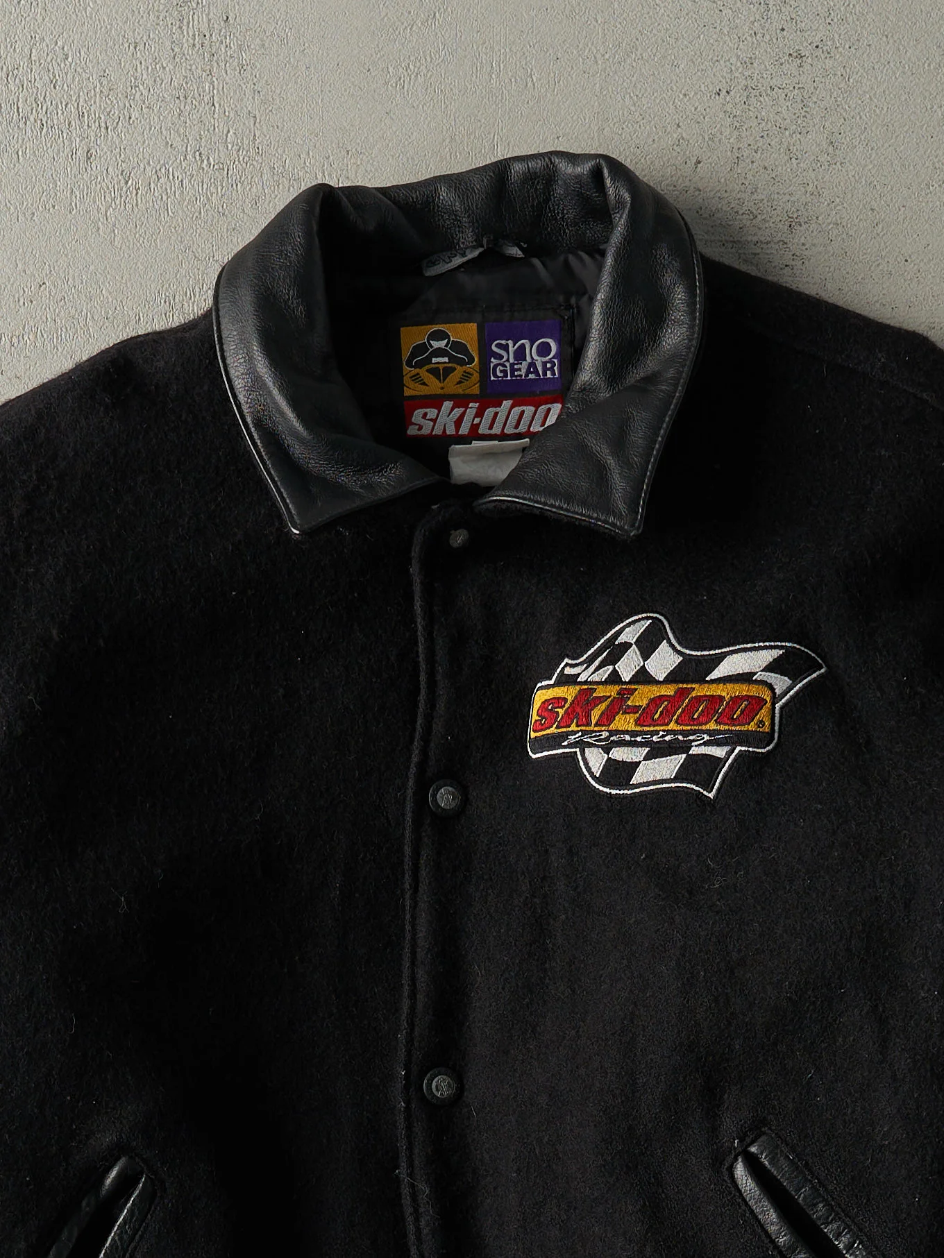 Vintage 90s Black Embroidered Ski-Doo Wool & Leather Varsity Jacket (L) - Image 2