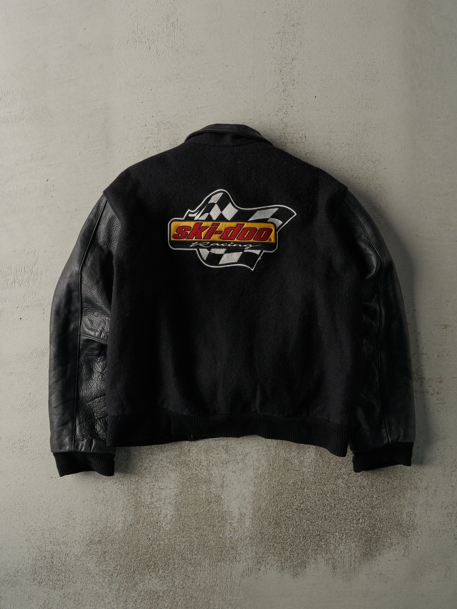 Vintage 90s Black Embroidered Ski-Doo Wool & Leather Varsity Jacket (L) - Image 3