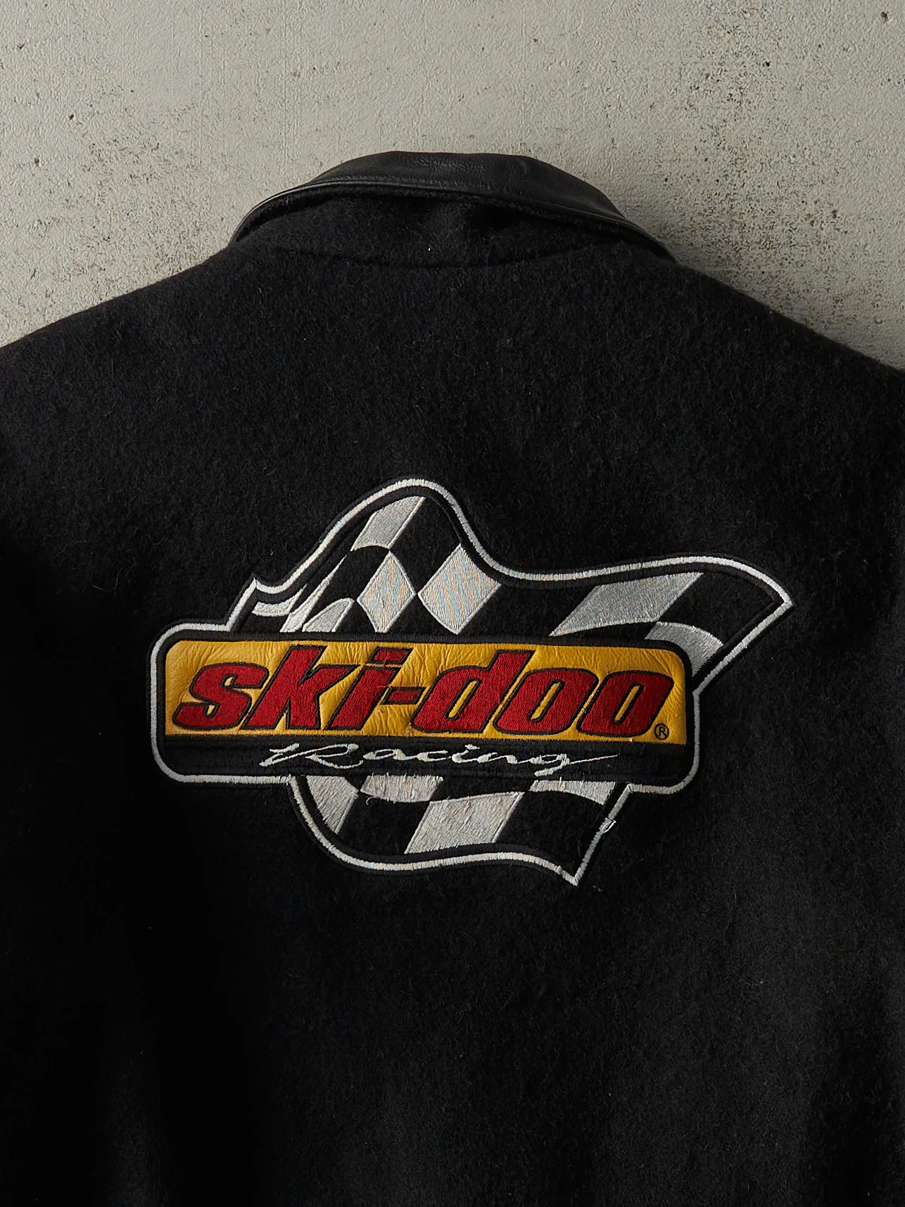 Vintage 90s Black Embroidered Ski-Doo Wool & Leather Varsity Jacket (L) - Image 4