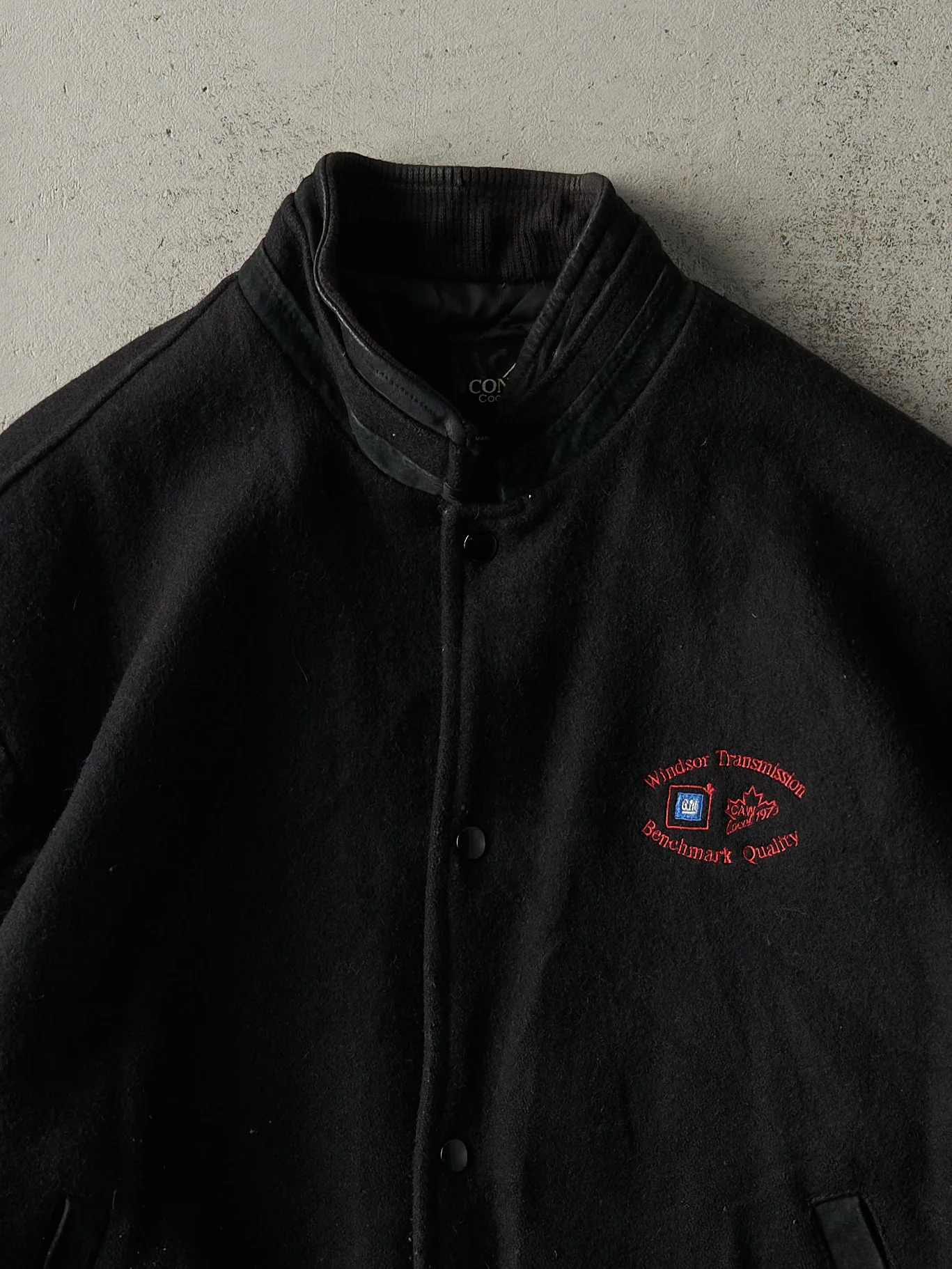 Vintage 90s Black Embroidered Wool & Leather Varsity Jacket (M) - Image 2