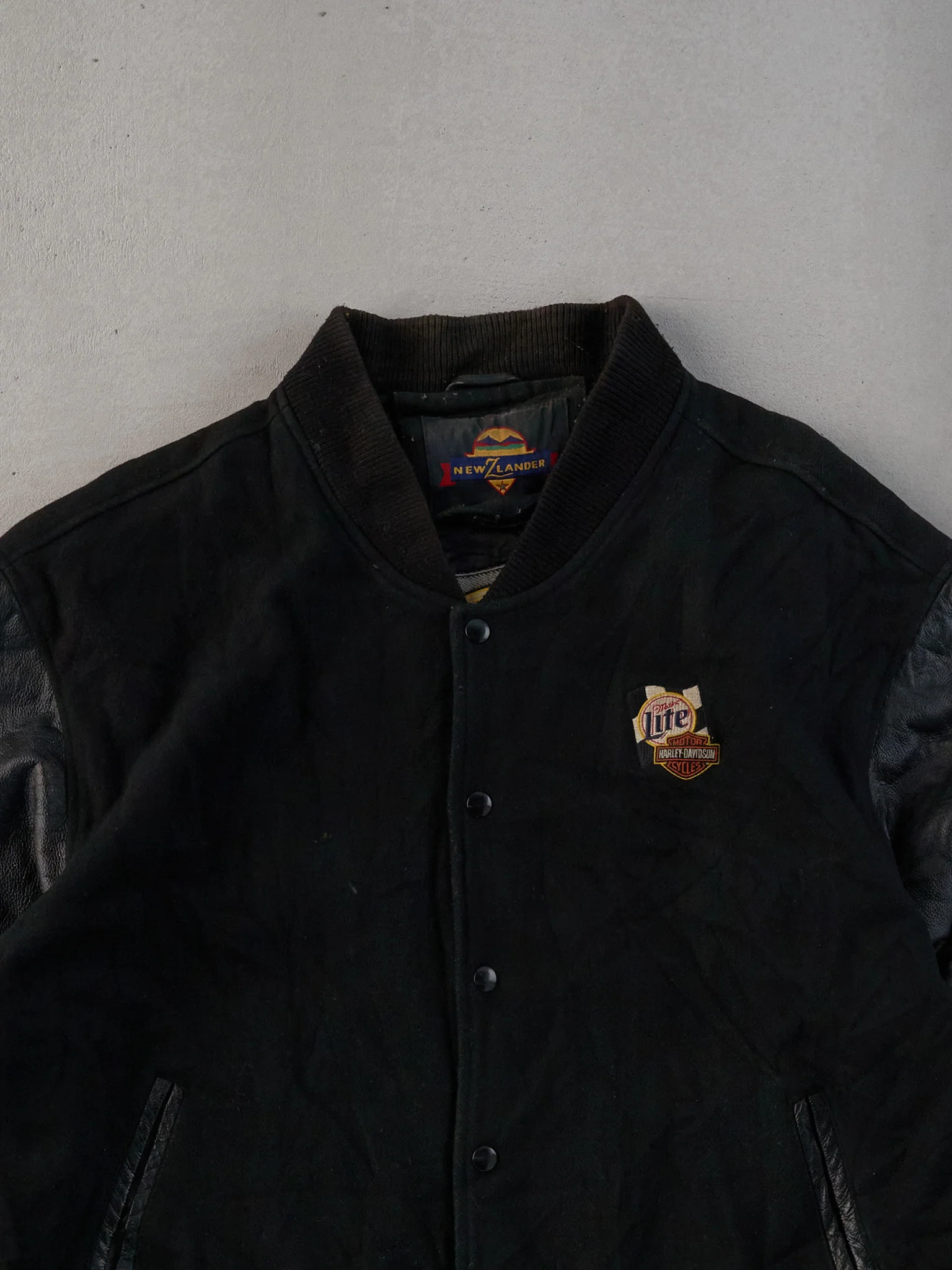 Vintage 90s Black Harley Davidson X Miller Lite Varsity Leather Jacket (L) - Image 3