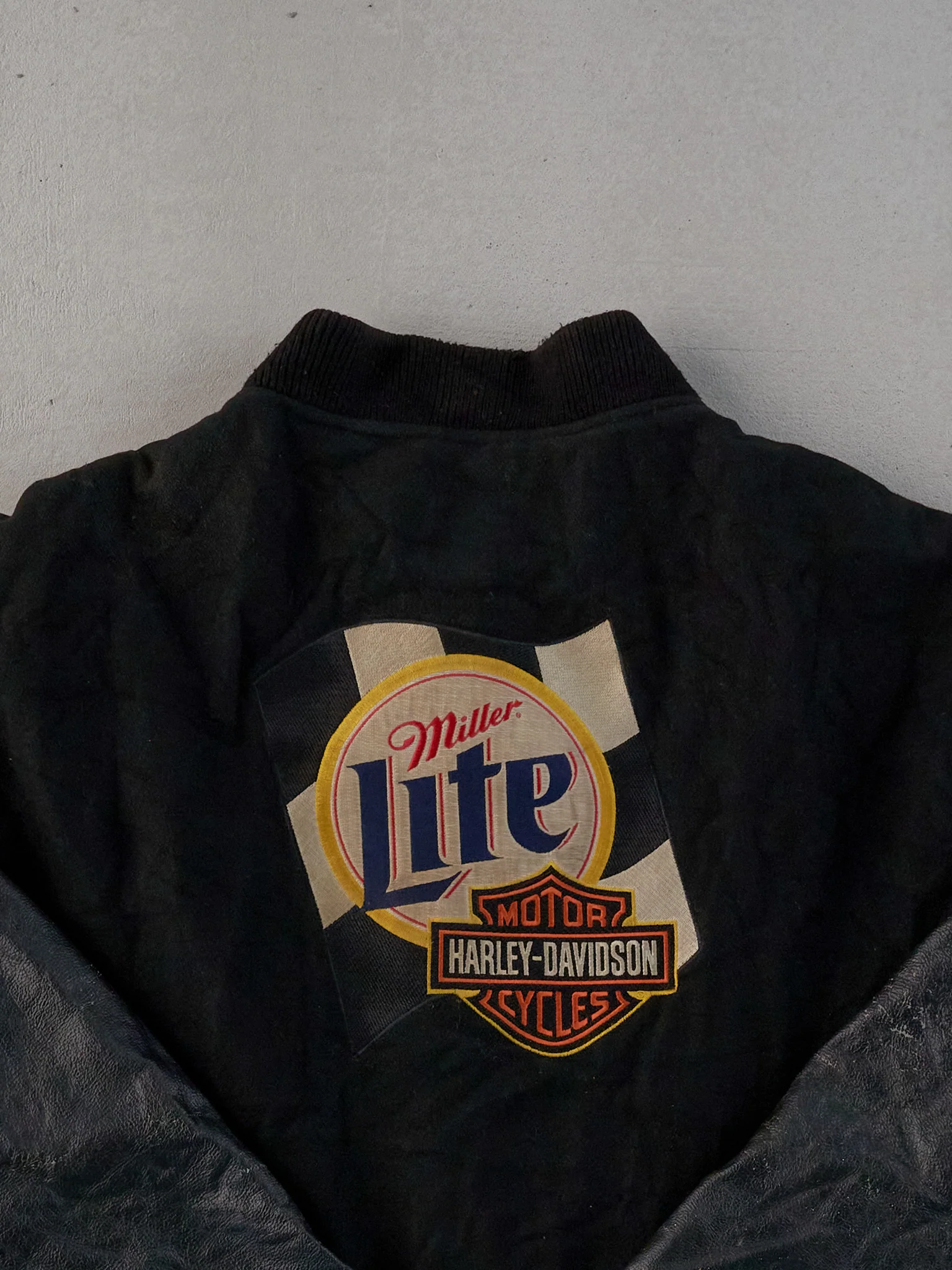 Vintage 90s Black Harley Davidson X Miller Lite Varsity Leather Jacket (L) - Image 4
