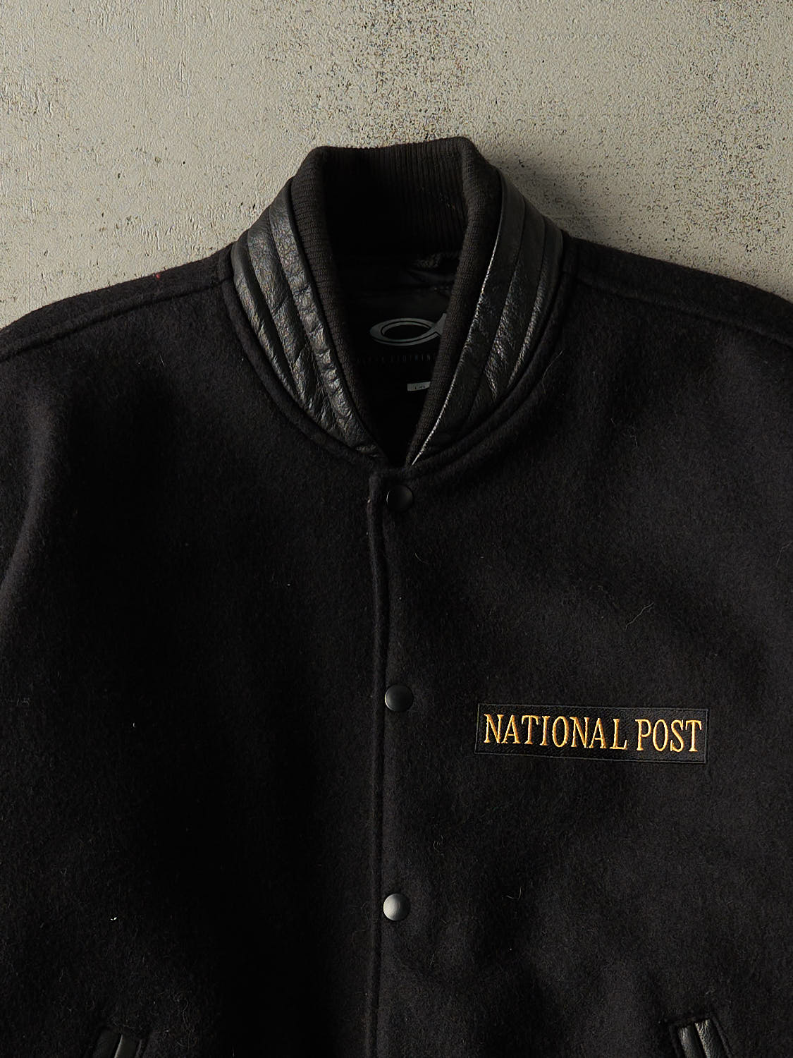 Vintage 90s Black National Post Embroidered Varsity Jacket (L/XL) - Image 3