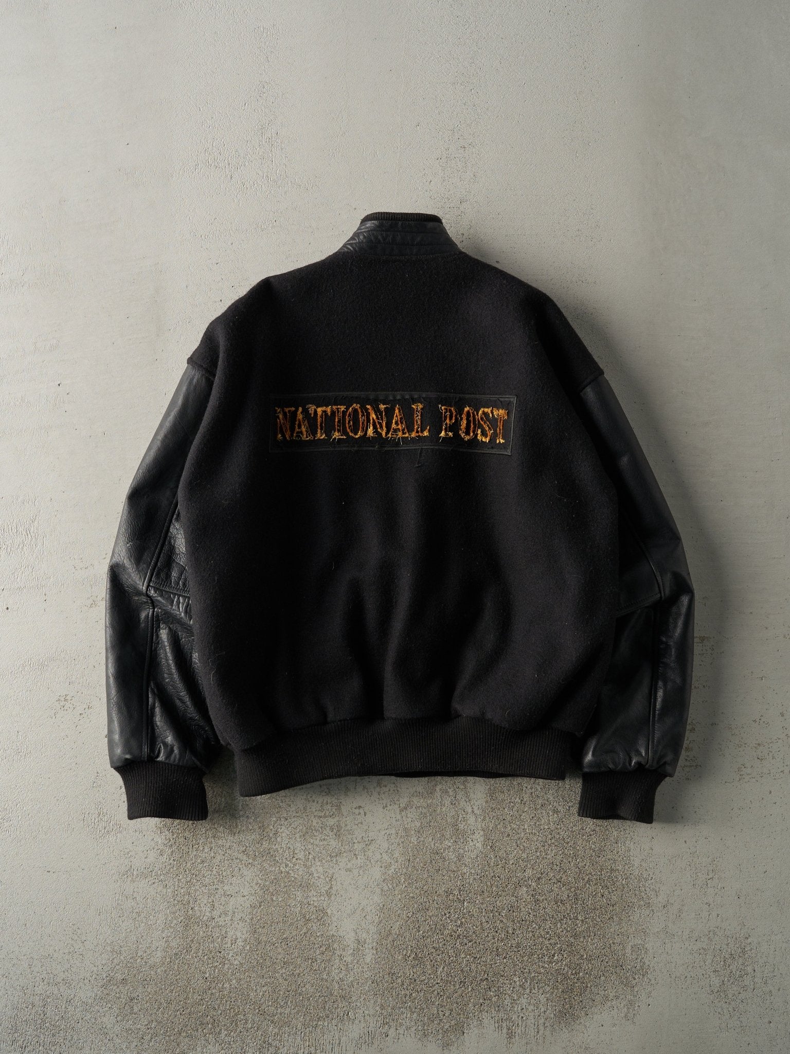 Vintage 90s Black National Post Wool Leather Varsity Jacket (L) - Image 2