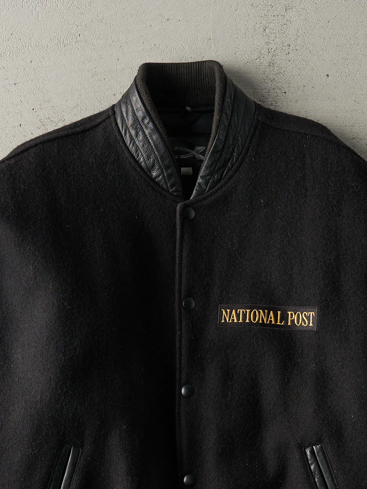 Vintage 90s Black National Post Wool Leather Varsity Jacket (L) - Image 3