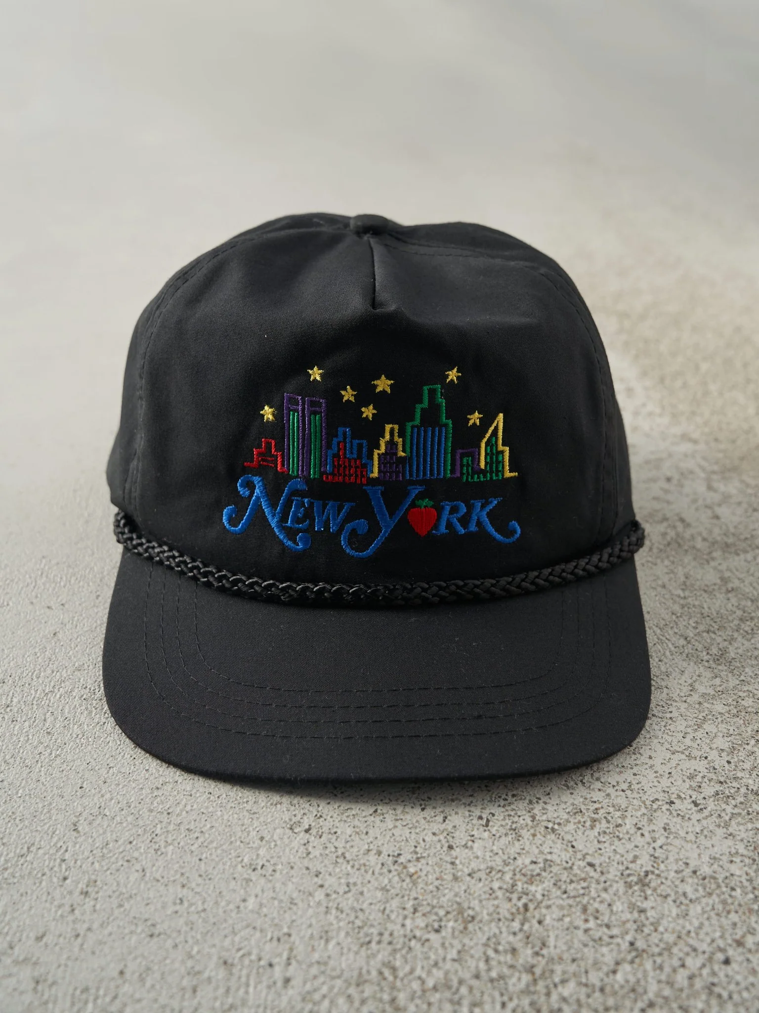 Vintage 90s Black New York Embroidered Leather Strapback Hat