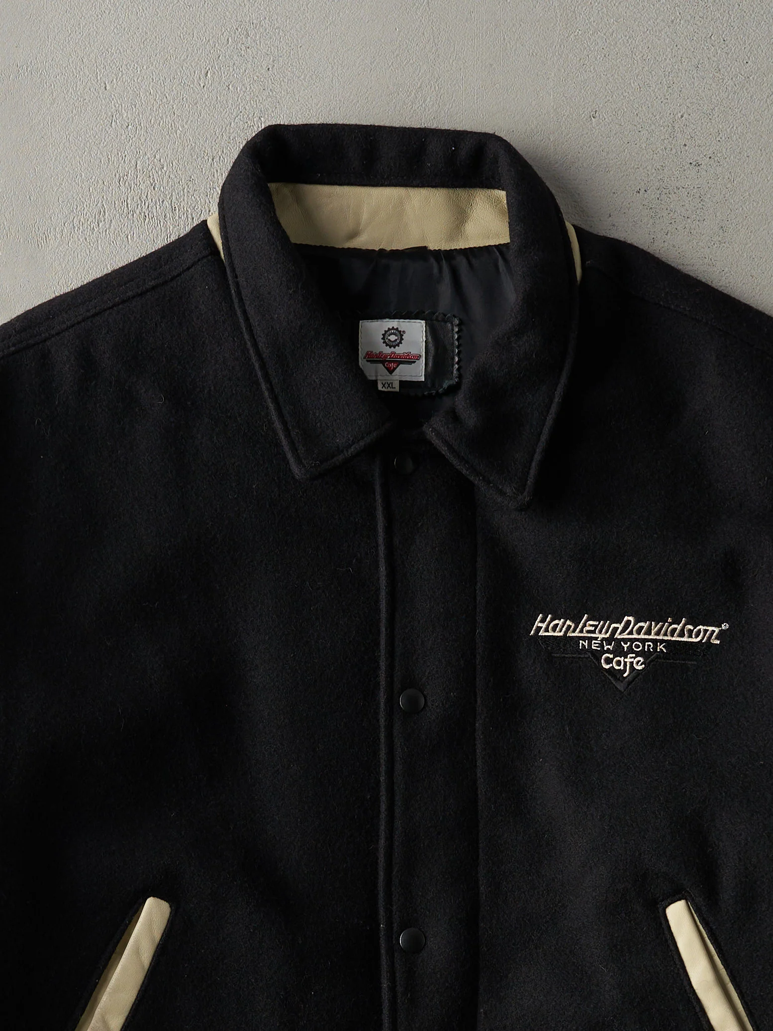 Vintage 90s Black New York Harley Davidson Cafe Varsity Jacket (L) - Image 3