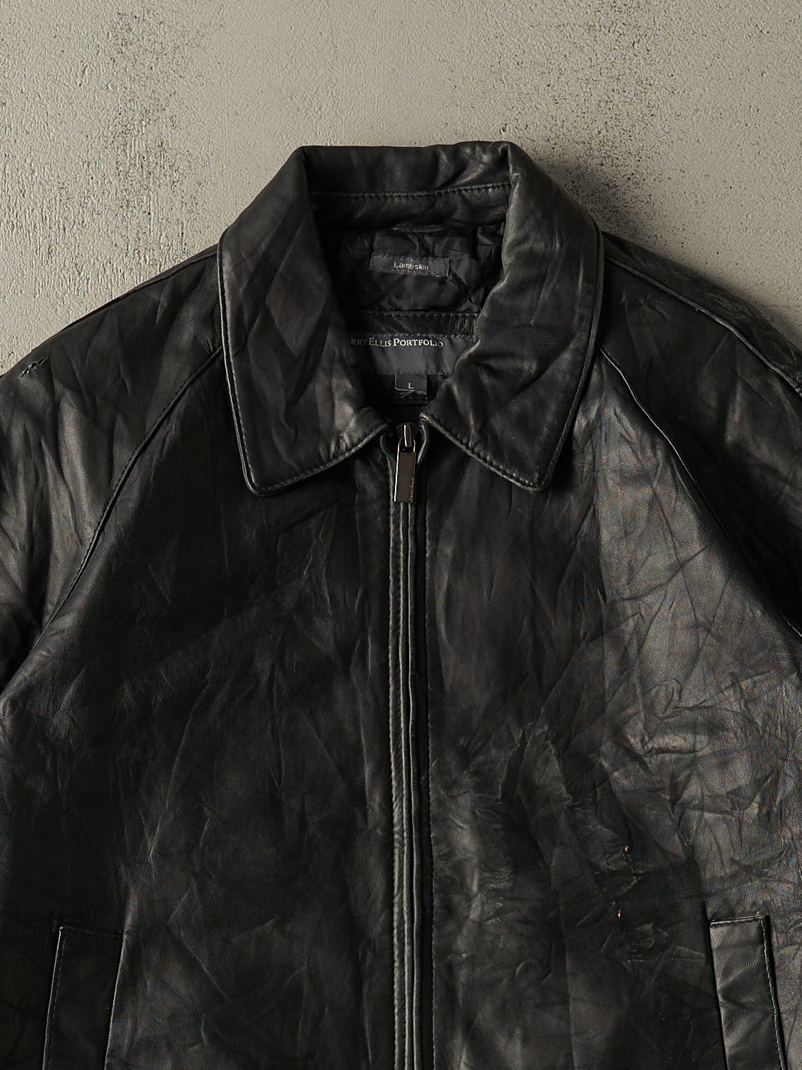 Vintage 90s Black Perry Ellis Portfolio Leather Jacket (L/XL) - Image 3
