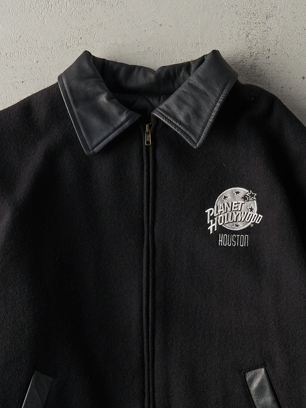 Vintage 90s Black Embroidered Planet Hollywood Quilt Lined Wool Jacket (M/L) - Image 3