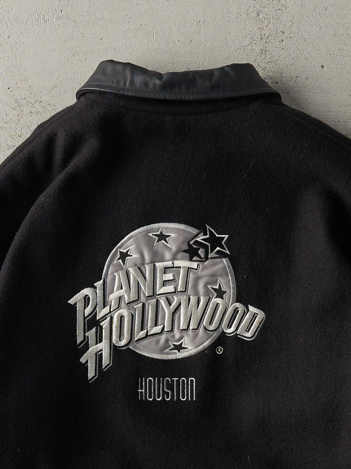 Vintage 90s Black Embroidered Planet Hollywood Quilt Lined Wool Jacket (M/L) - Image 4