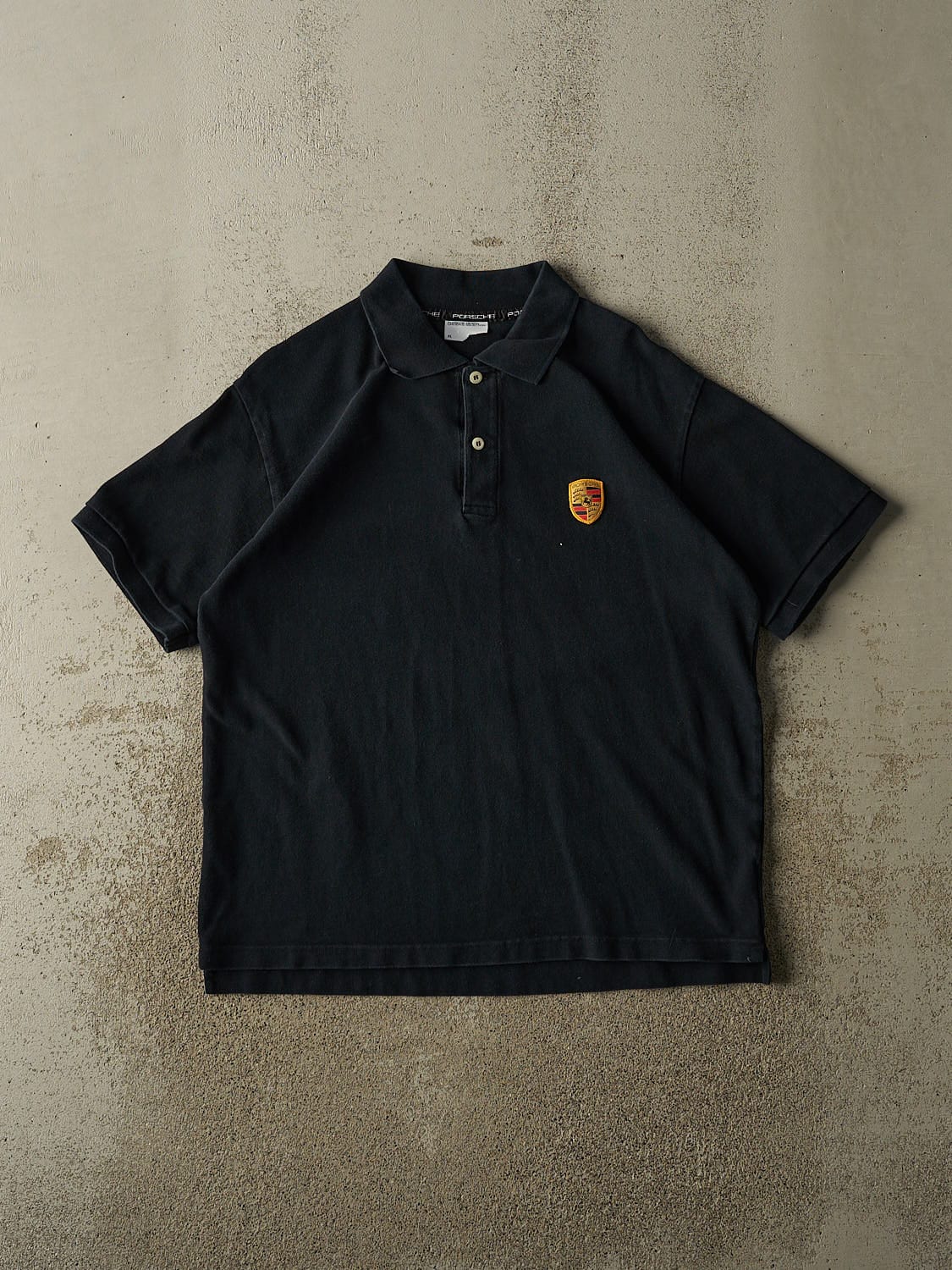 Vintage Y2K Faded Black Porsche Embroidered Quarter Button Tee (L/XL)