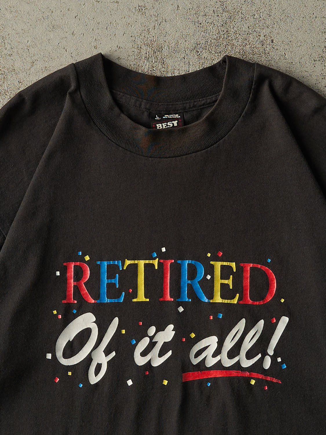 Vintage 90s Black "Retired Of It All" Single Stitch Tee (L) - Image 2