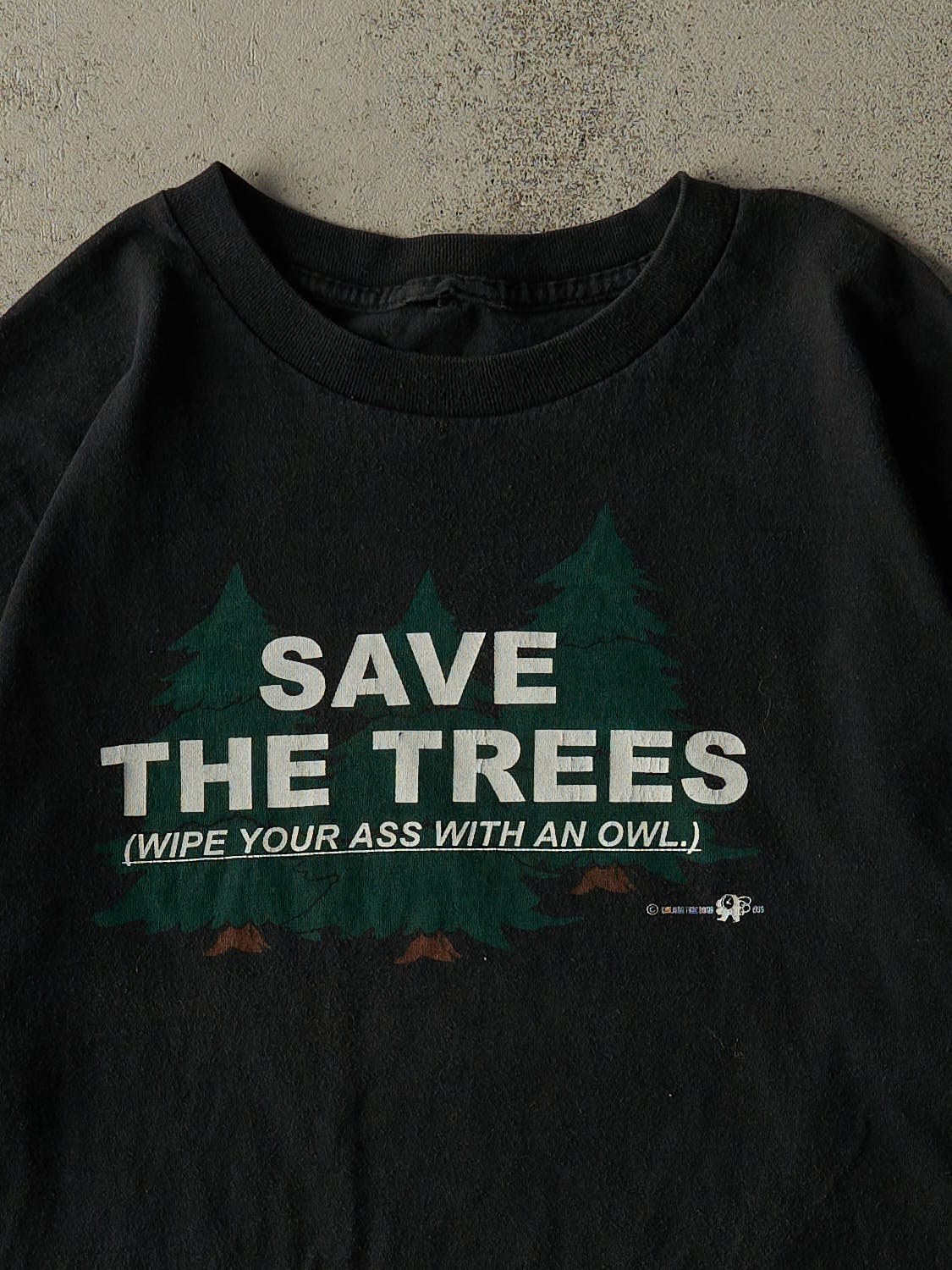 Vintage 90s Black Save The Trees Slogan Tee (XL) - Image 3