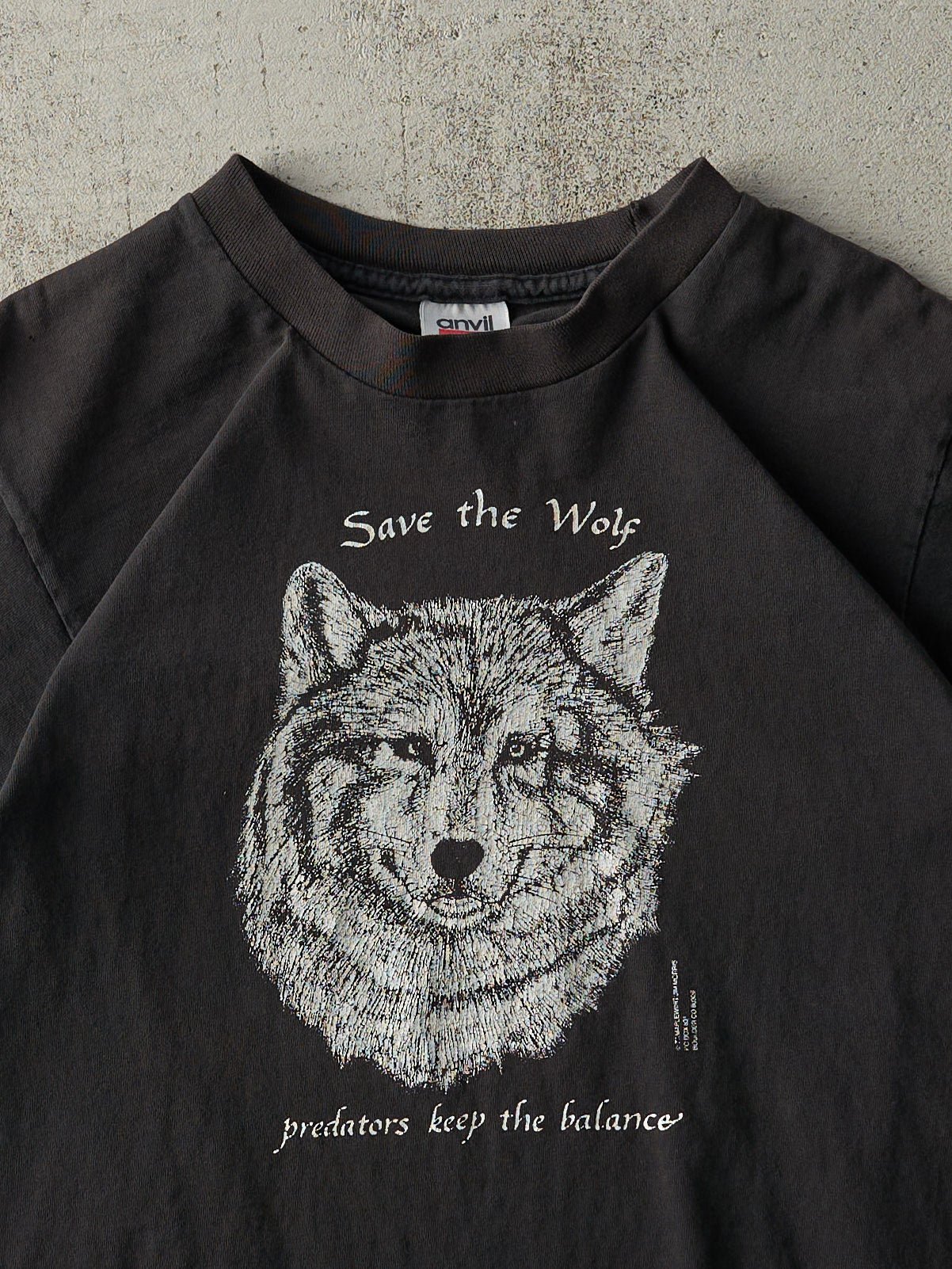 Vintage 90s Black "Save the Wolf" Single Stitch Tee (XS) - Image 3