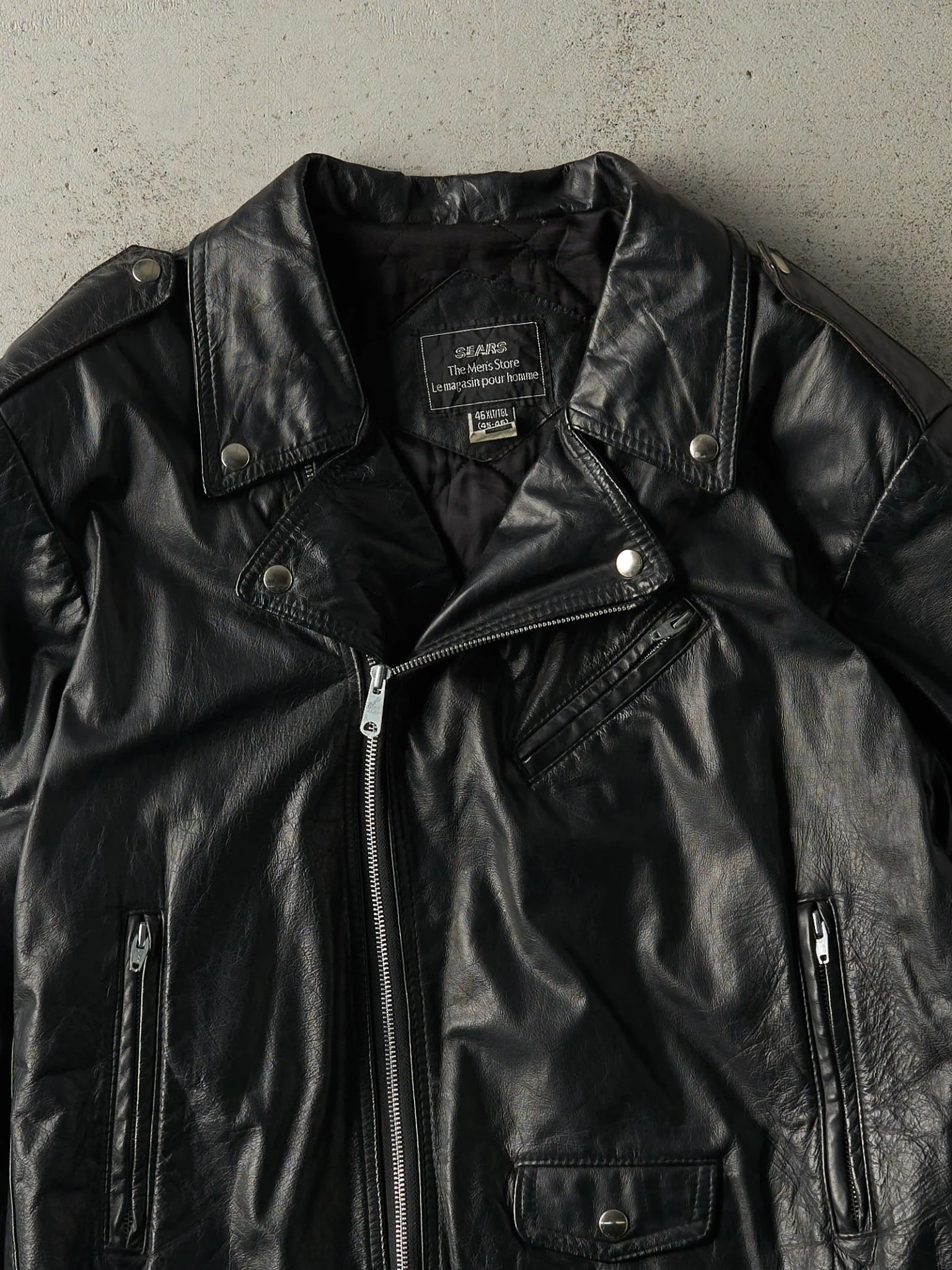 Vintage 90s Black Sears Leather Biker Jacket (L) - Image 4