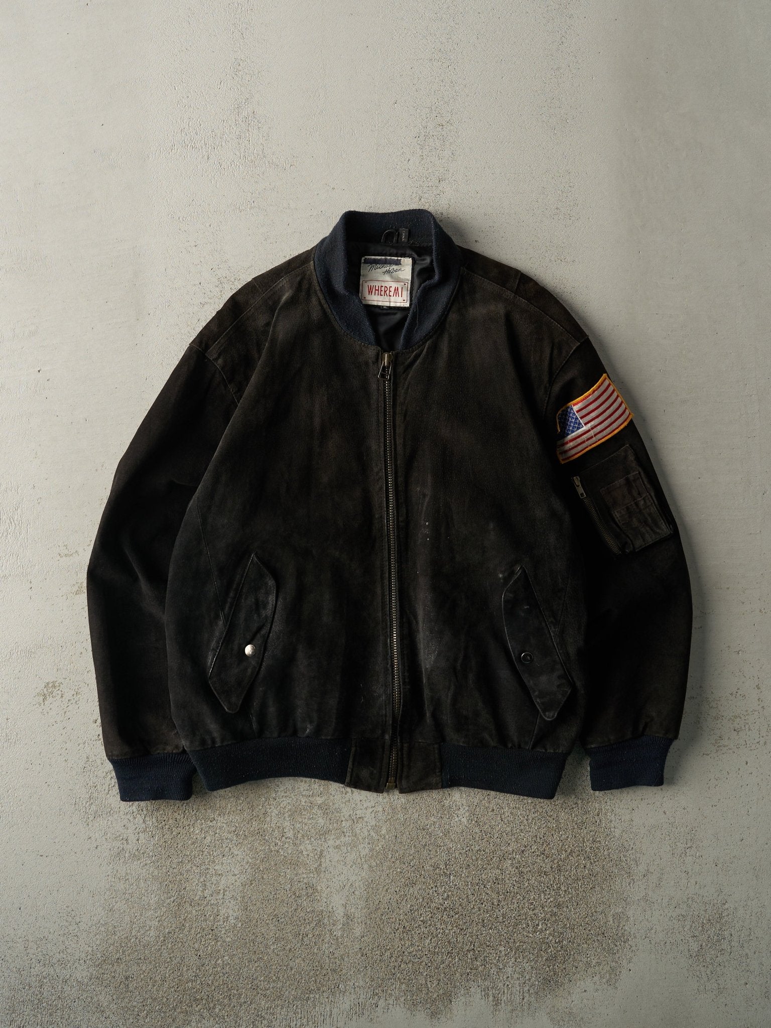 Vintage 90s Black & Navy Blue Michael Hoban US Navy Suede Bomber Jacket (XL/XXL) - Image 2