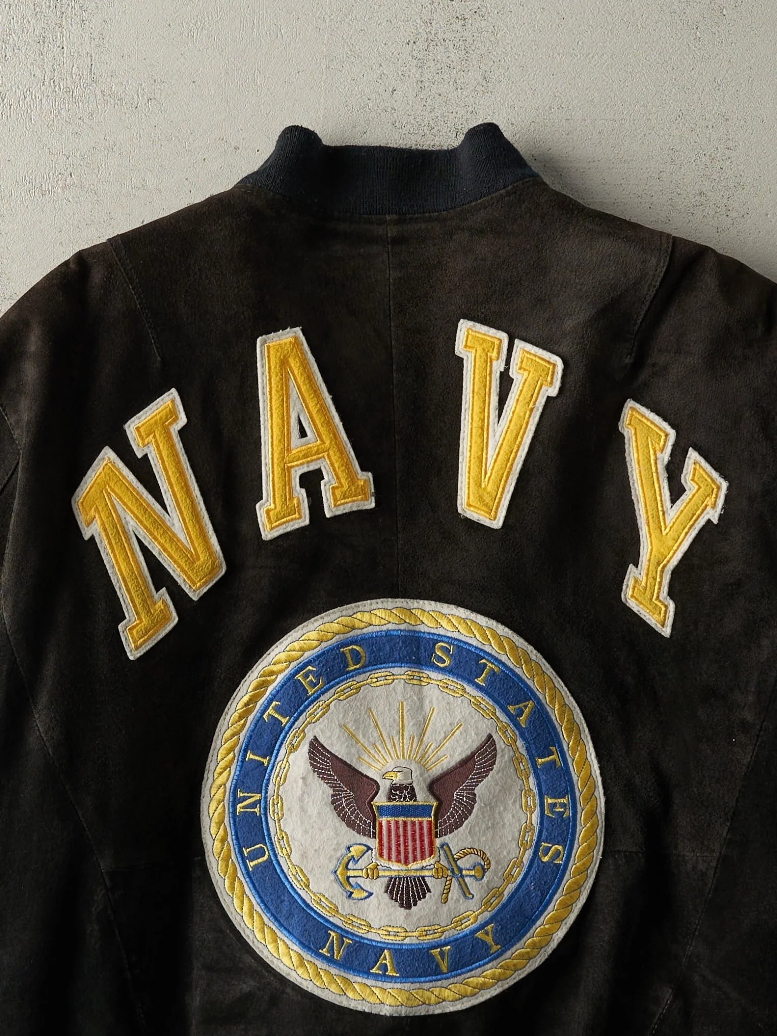 Vintage 90s Black & Navy Blue Michael Hoban US Navy Suede Bomber Jacket (XL/XXL) - Image 4