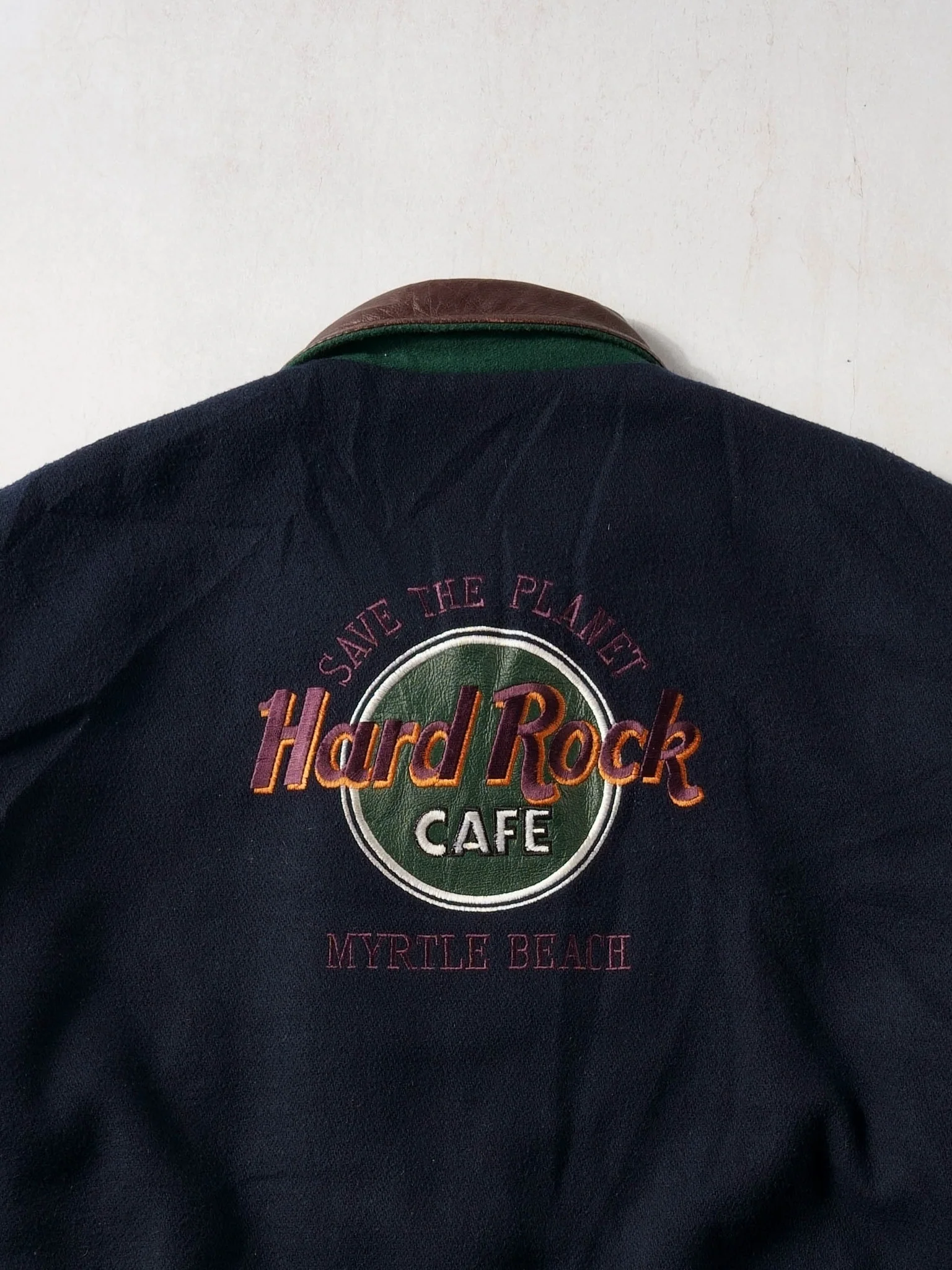 Vintage 90s Blue and Brown Leather Hard Rock Cafe Myrtle Beach Collared Varsity Jacket (XL/XXL) - Image 4