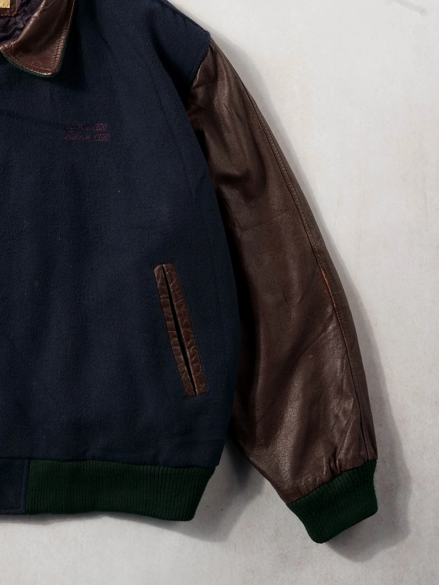 Vintage 90s Blue and Brown Leather Hard Rock Cafe Myrtle Beach Collared Varsity Jacket (XL/XXL) - Image 5