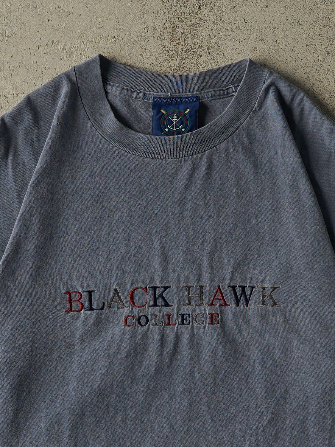 Vintage 90s Blue Black Hawk College Tee (L/XL) - Image 2