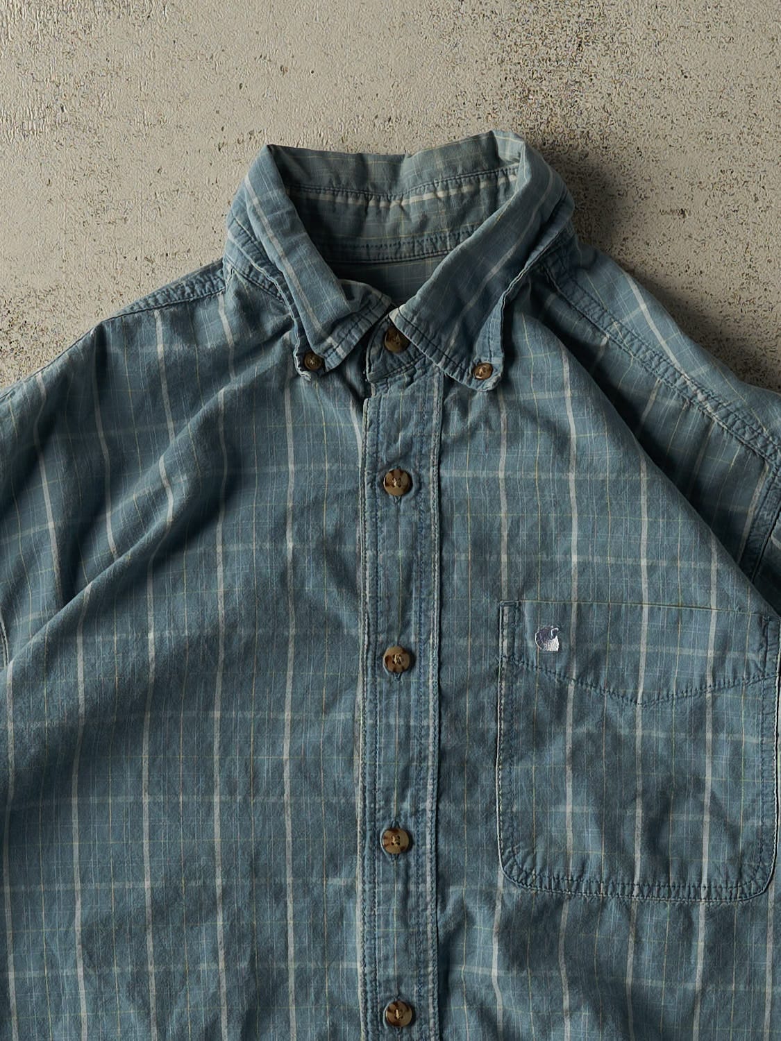 Vintage 90s Blue Carhartt Button Up Tee (L/XL) - Image 2