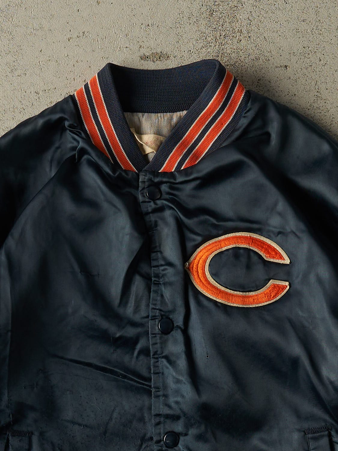 Vintage 80s Blue Chicago Bears Chalk Line Satin Bomber Jacket (XS/S) - Image 3