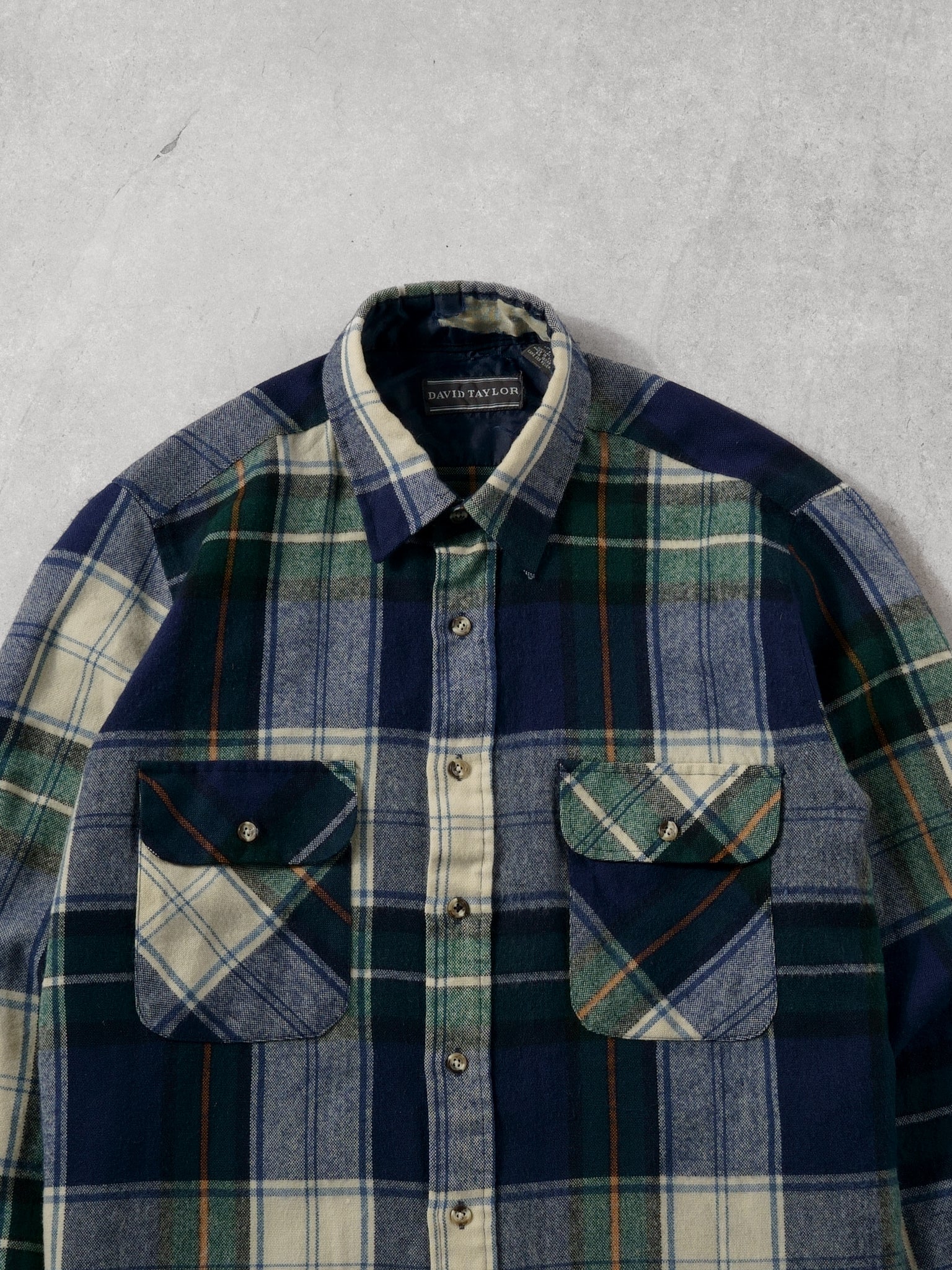 Vintage 80s Blue, Green and Beige David Tailor Flannel Button Up (L) - Image 2