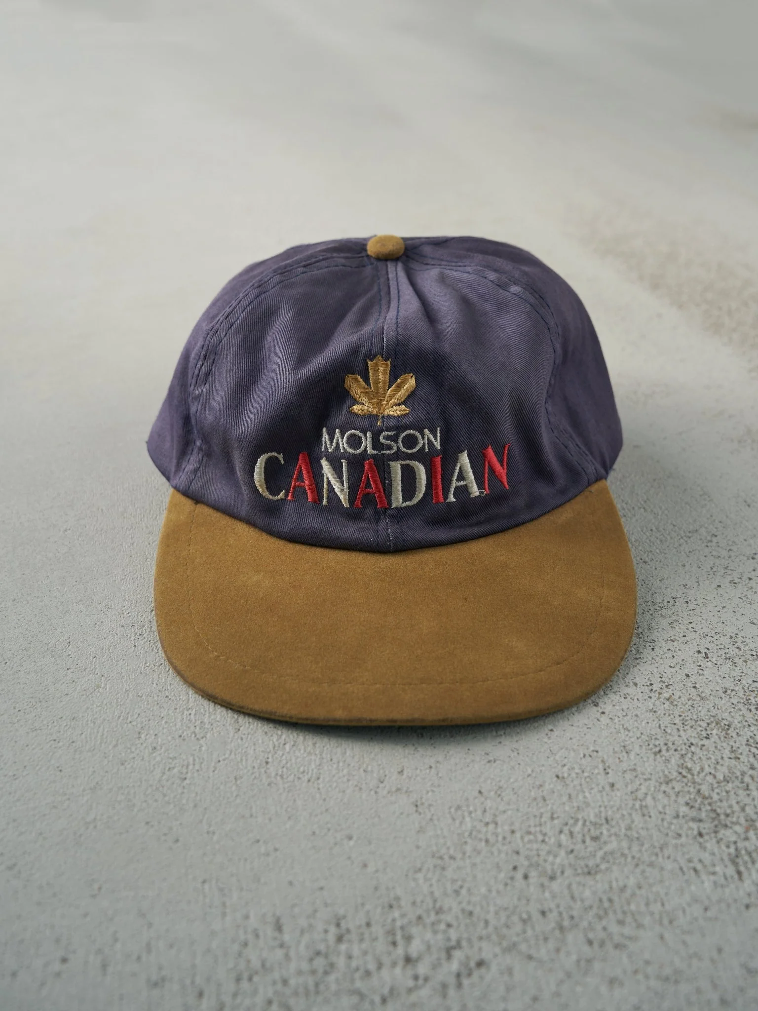 Vintage 90s Blue Molson Canadian Leather Strapback Hat