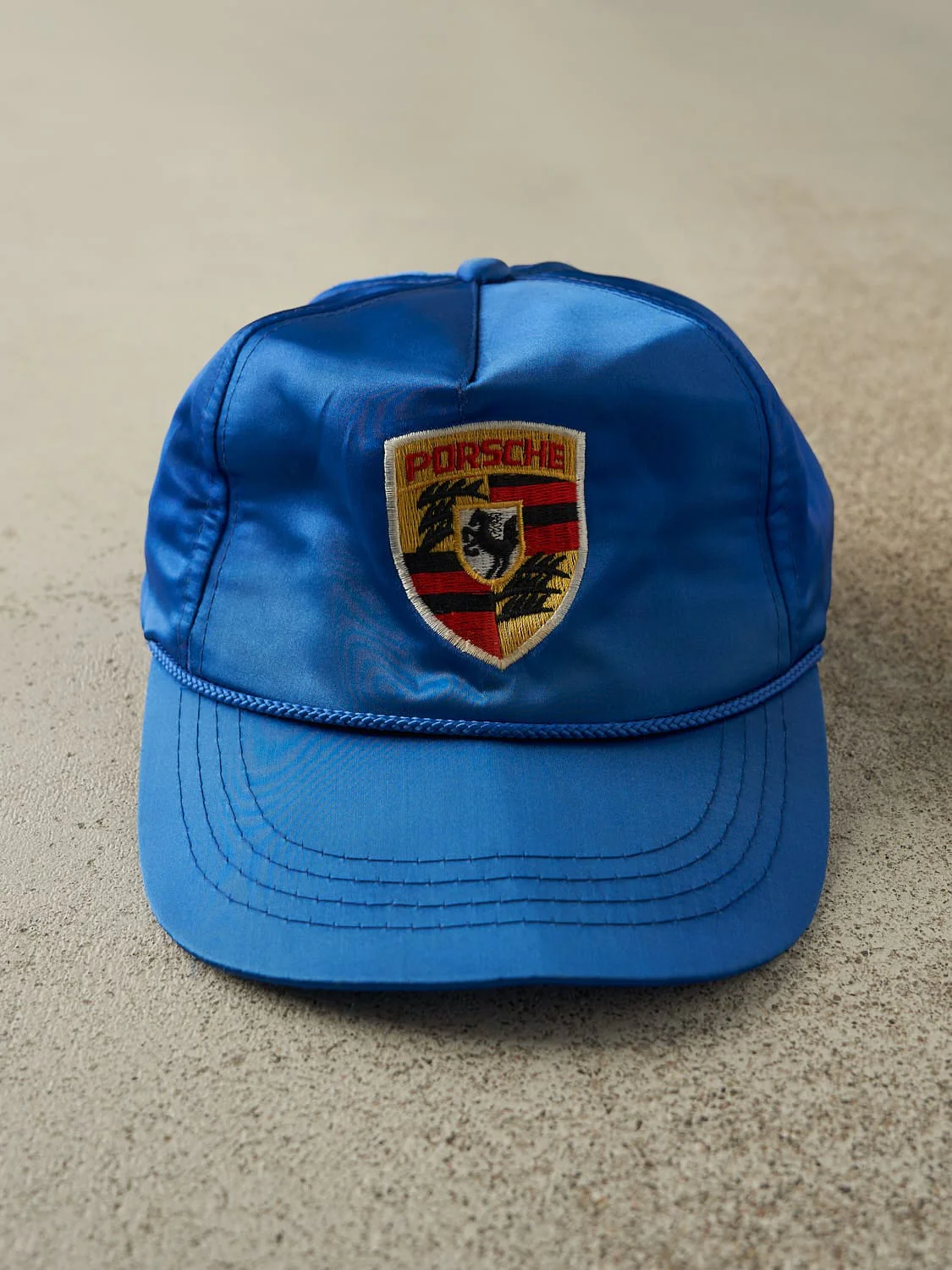 Vintage 90s RARE Blue Porsche Embroidered Satin Snapback Hat (O/S)