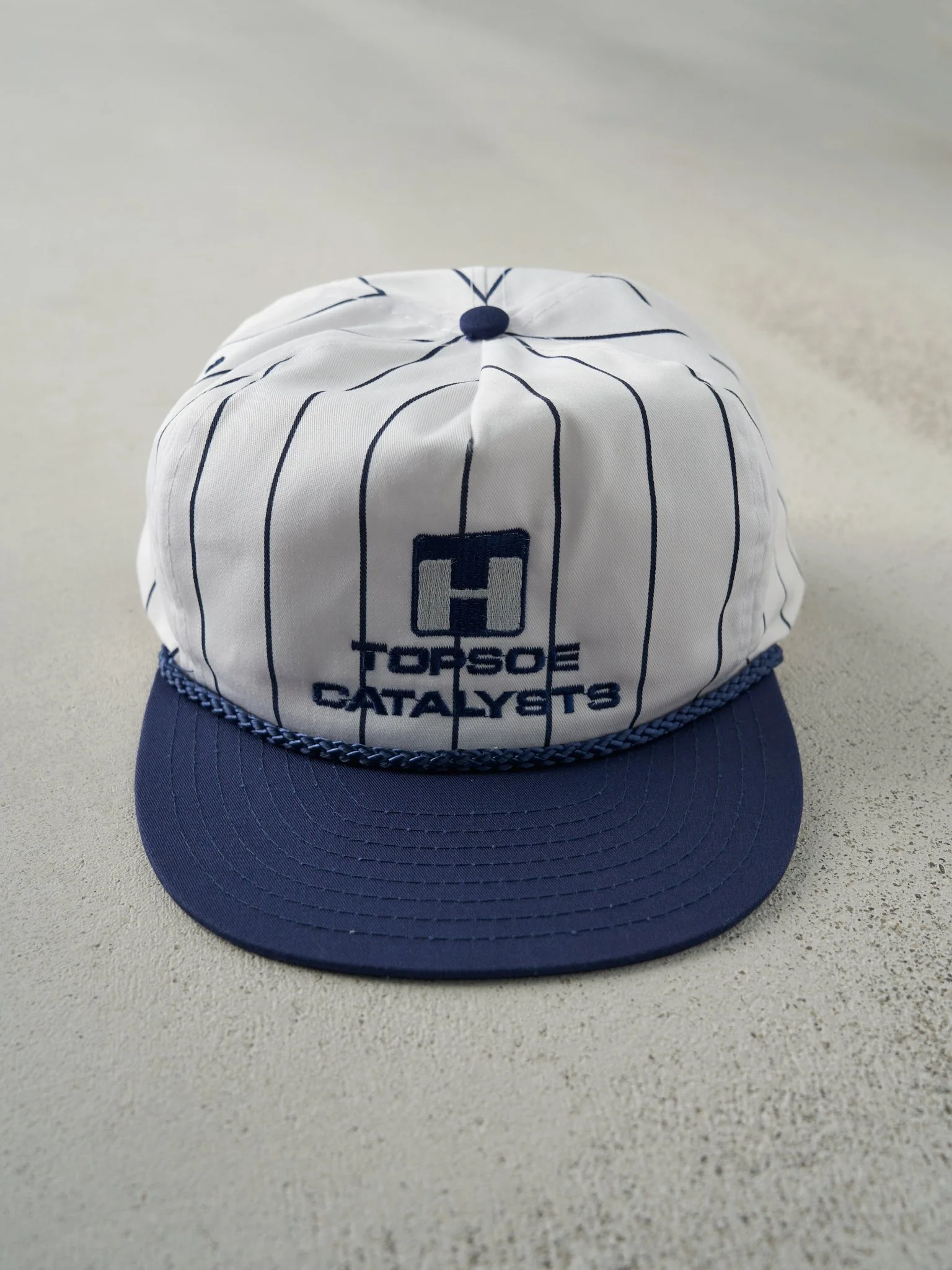 Vintage 90s Blue & White Topsoe Catalysts Striped Snapback Hat