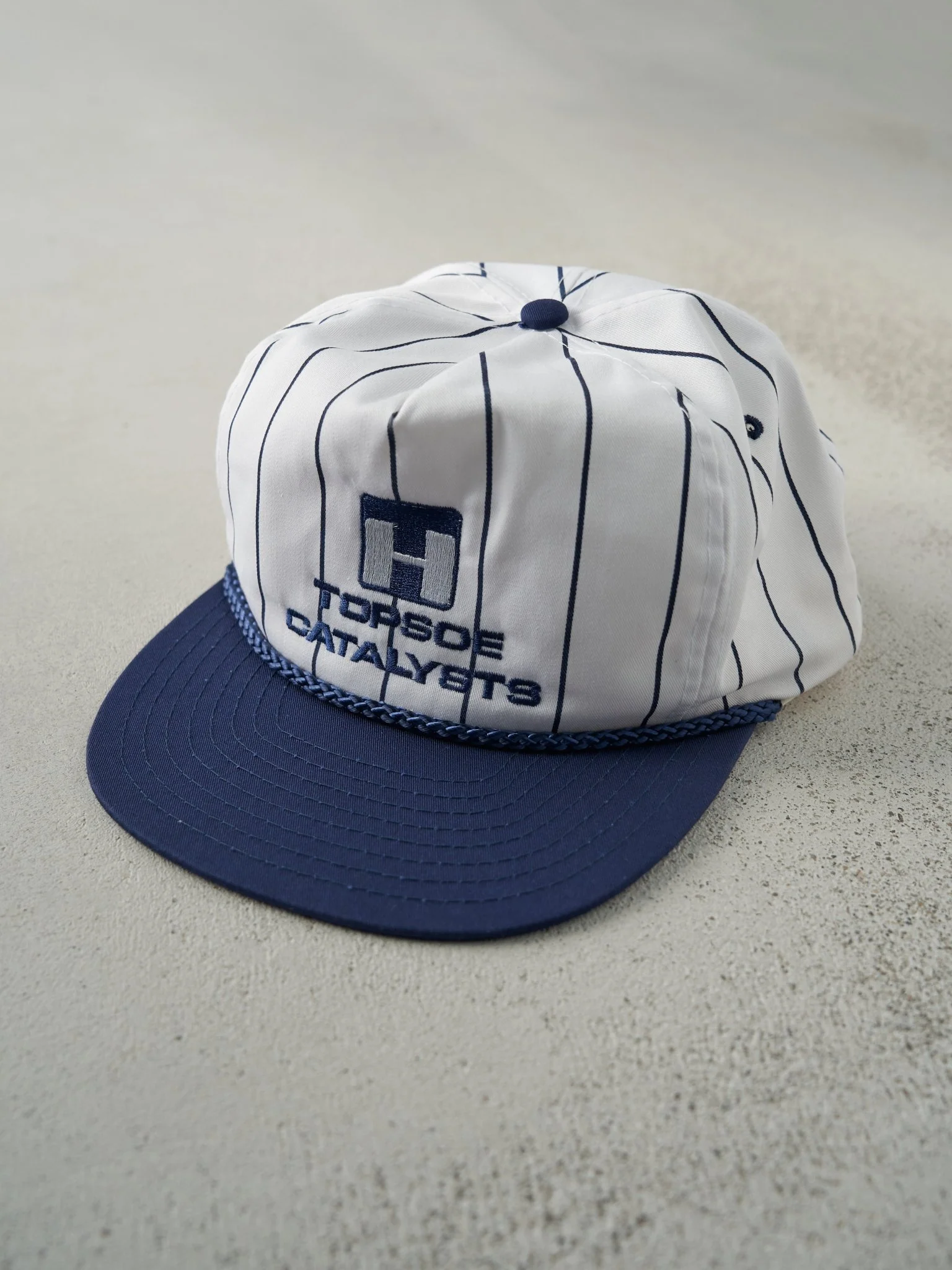 Vintage 90s Blue & White Topsoe Catalysts Striped Snapback Hat - Image 2