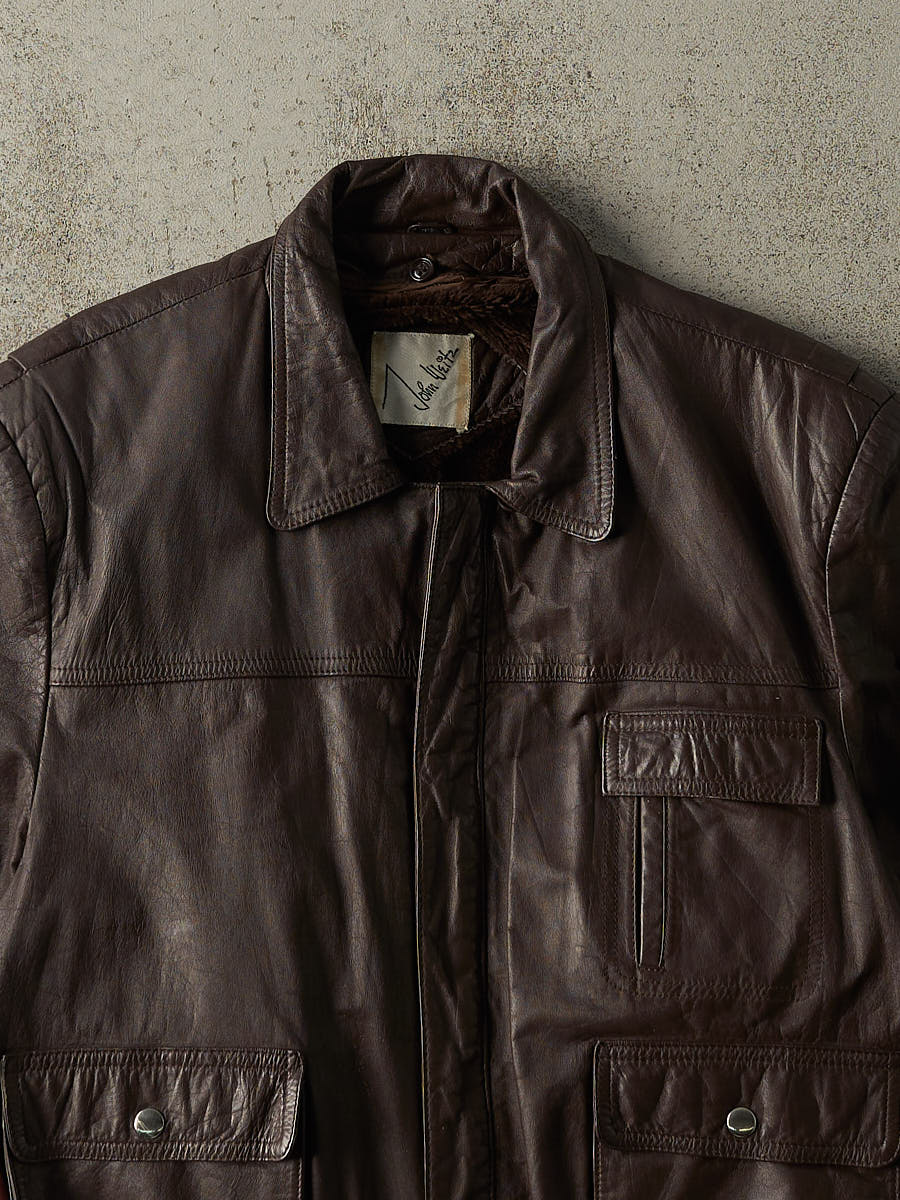Vintage 90s Brown Fur Lined Leather Jacket (L) - Image 3