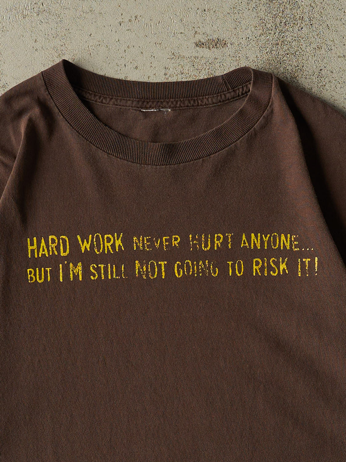 Vintage 90s Brown "Hard Work Never Hurt Anyone" Tee (L/XL) - Image 3